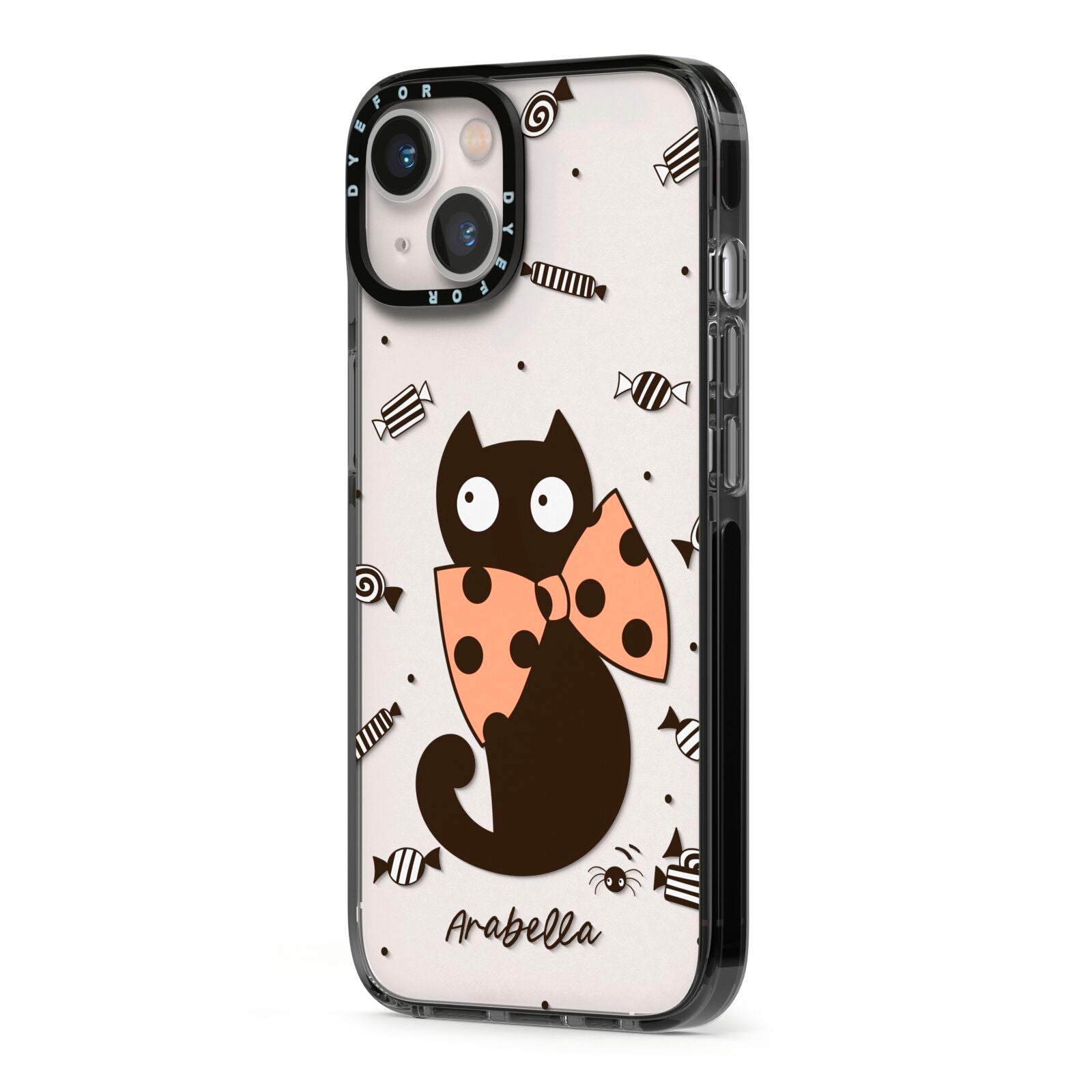 Personalised Halloween Cat iPhone 13 Black Impact Case Side Angle on Silver phone