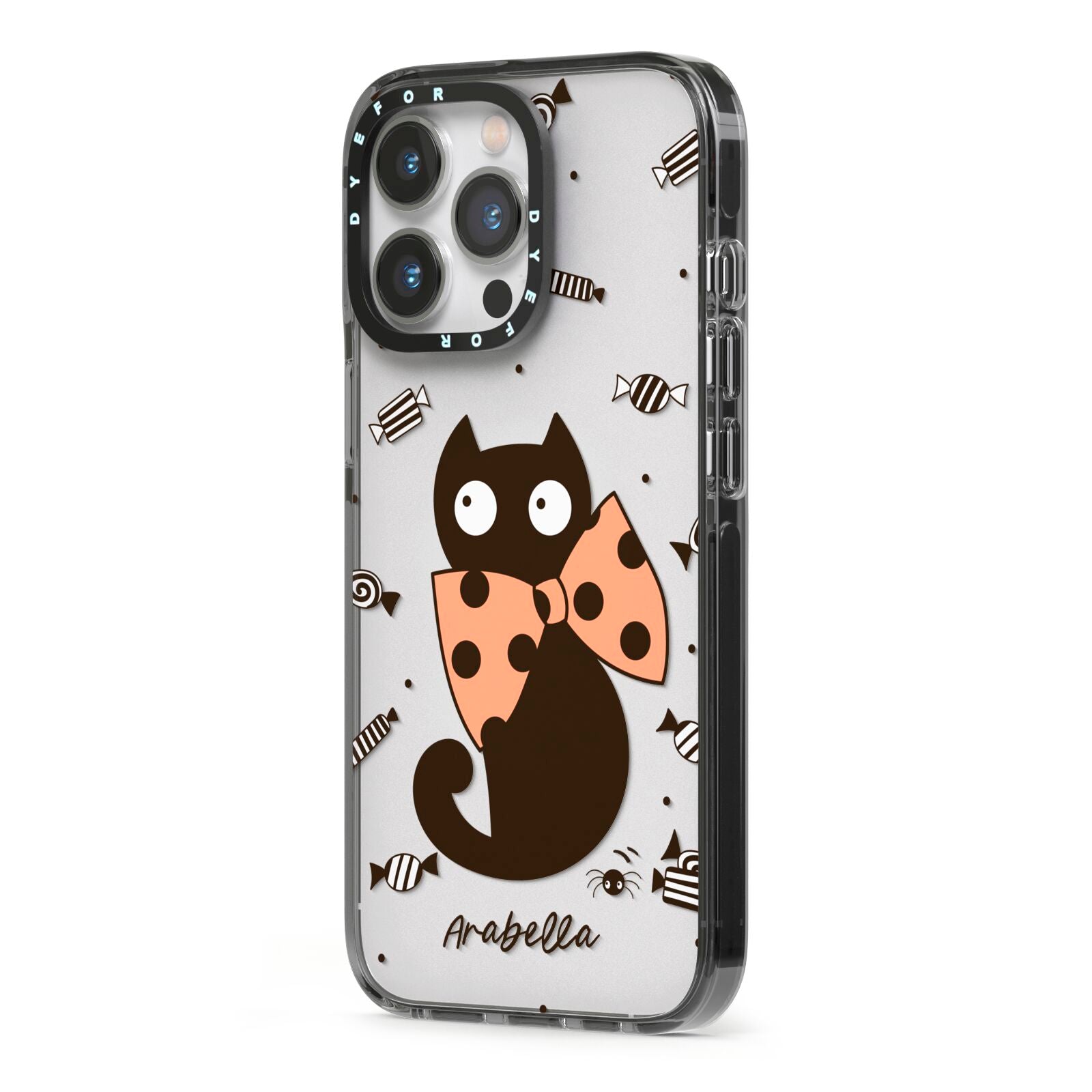 Personalised Halloween Cat iPhone 13 Pro Black Impact Case Side Angle on Silver phone