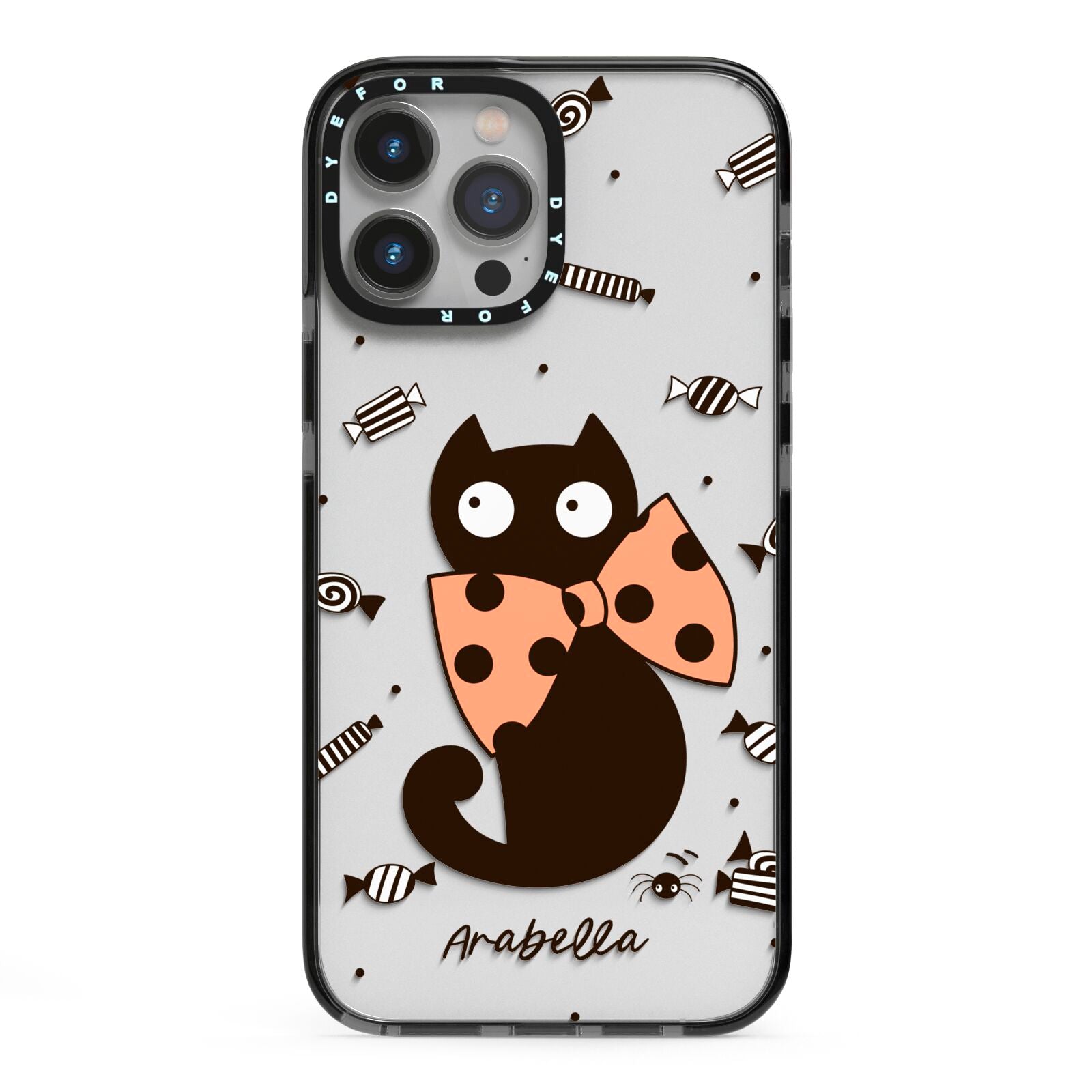Personalised Halloween Cat iPhone 13 Pro Max Black Impact Case on Silver phone