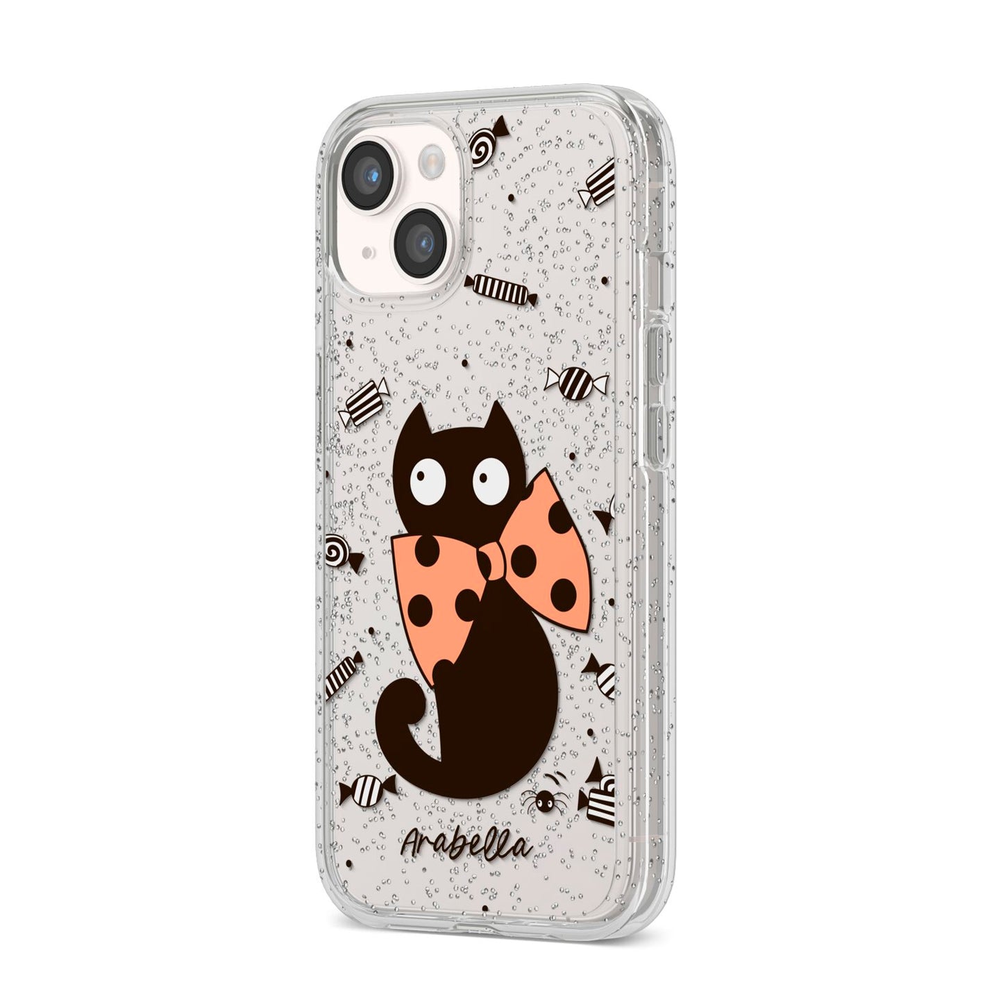 Personalised Halloween Cat iPhone 14 Glitter Tough Case Starlight Angled Image