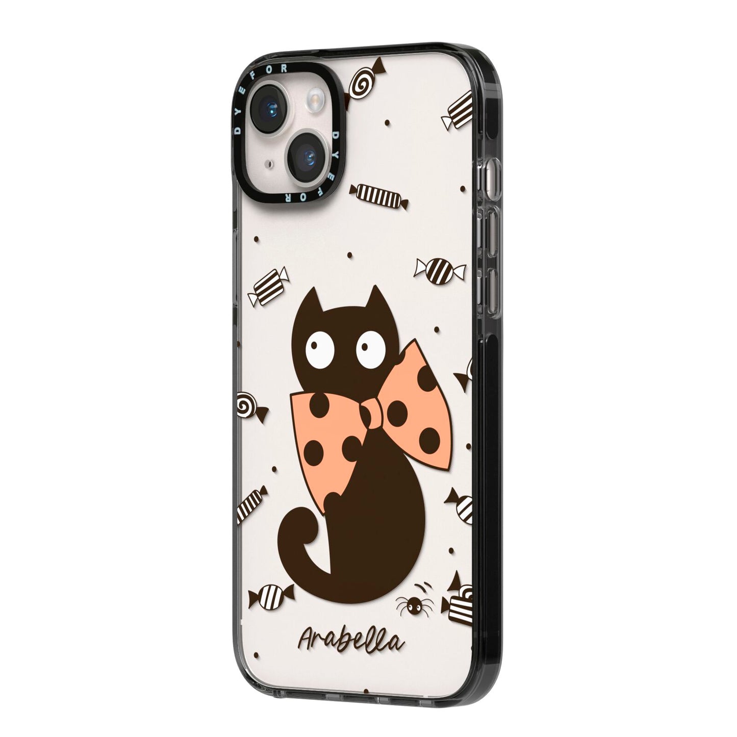 Personalised Halloween Cat iPhone 14 Plus Black Impact Case Side Angle on Silver phone