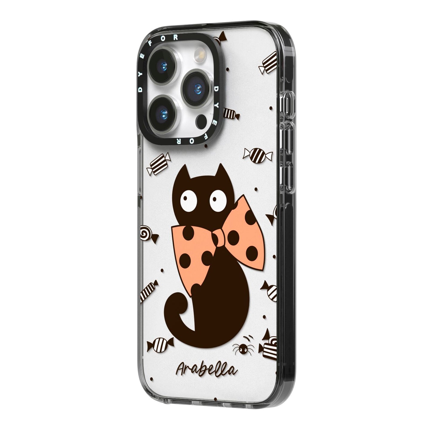 Personalised Halloween Cat iPhone 14 Pro Black Impact Case Side Angle on Silver phone