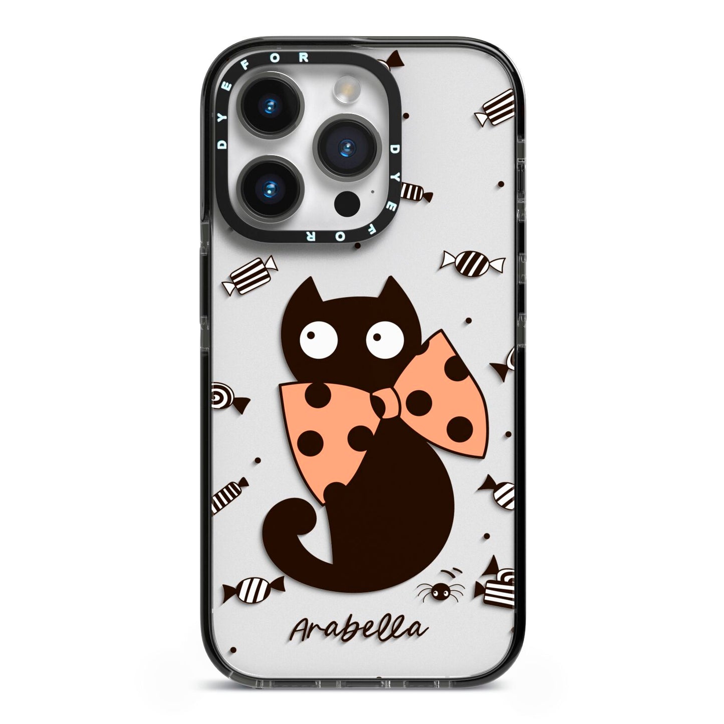 Personalised Halloween Cat iPhone 14 Pro Black Impact Case on Silver phone