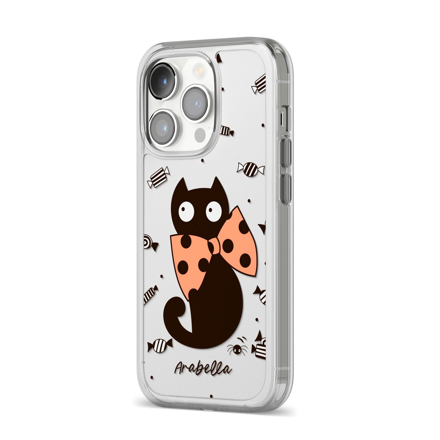 Personalised Halloween Cat iPhone 14 Pro Clear Tough Case Silver Angled Image