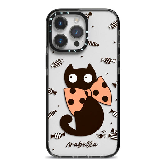 Personalised Halloween Cat iPhone 14 Pro Max Black Impact Case on Silver phone