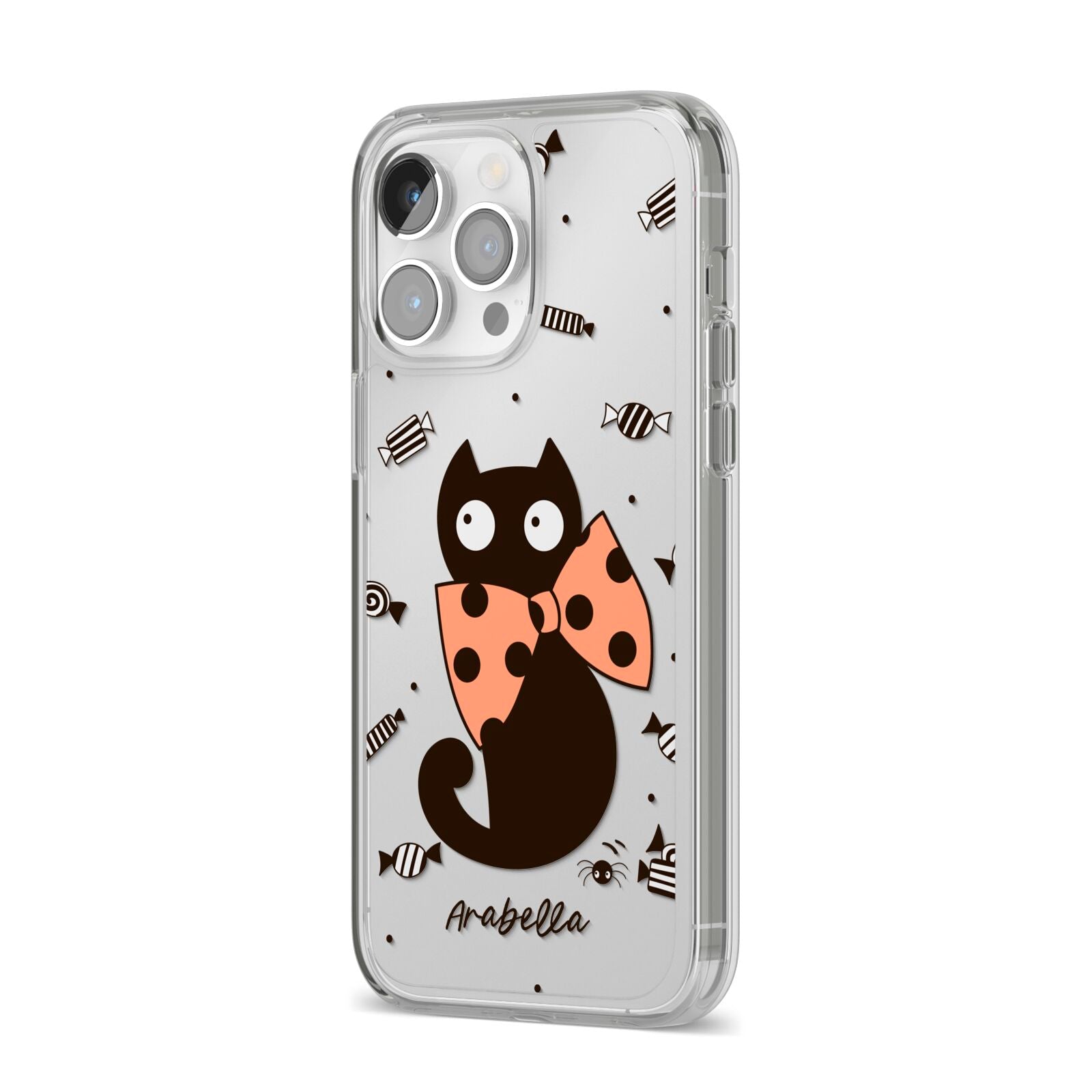 Personalised Halloween Cat iPhone 14 Pro Max Clear Tough Case Silver Angled Image