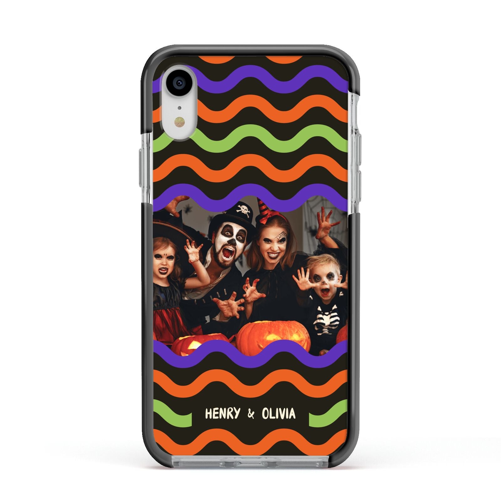 Personalised Halloween Colours Photo Apple iPhone XR Impact Case Black Edge on Silver Phone
