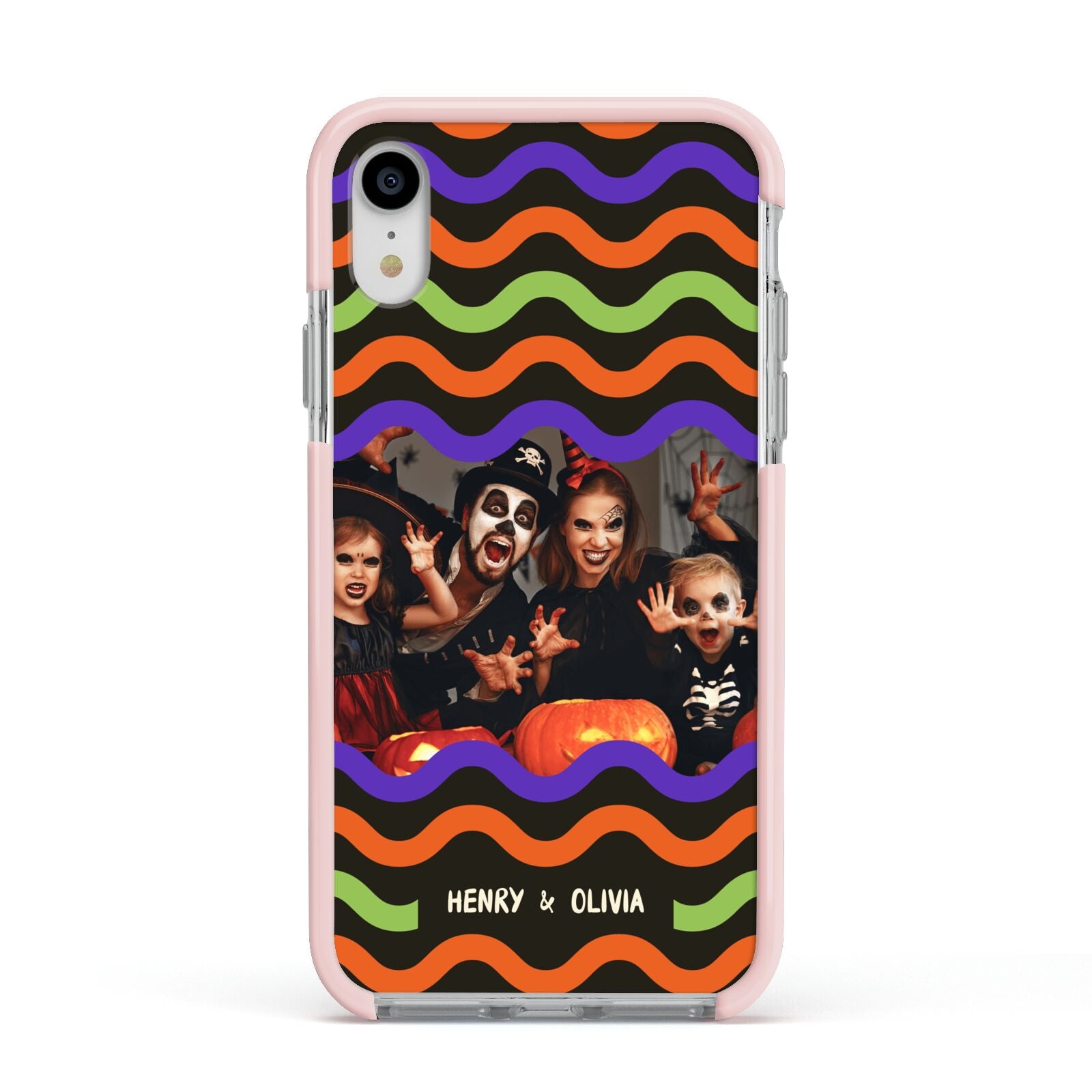 Personalised Halloween Colours Photo Apple iPhone XR Impact Case Pink Edge on Silver Phone