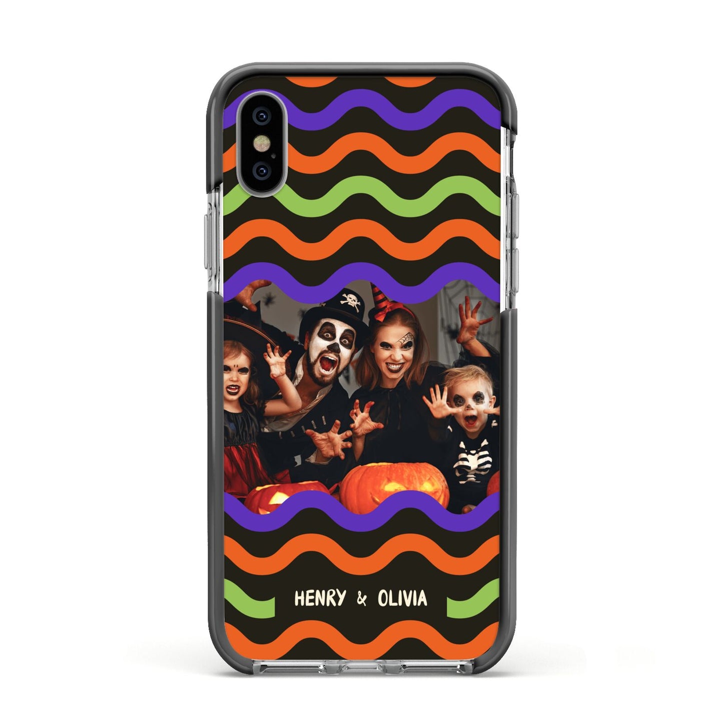 Personalised Halloween Colours Photo Apple iPhone Xs Impact Case Black Edge on Silver Phone