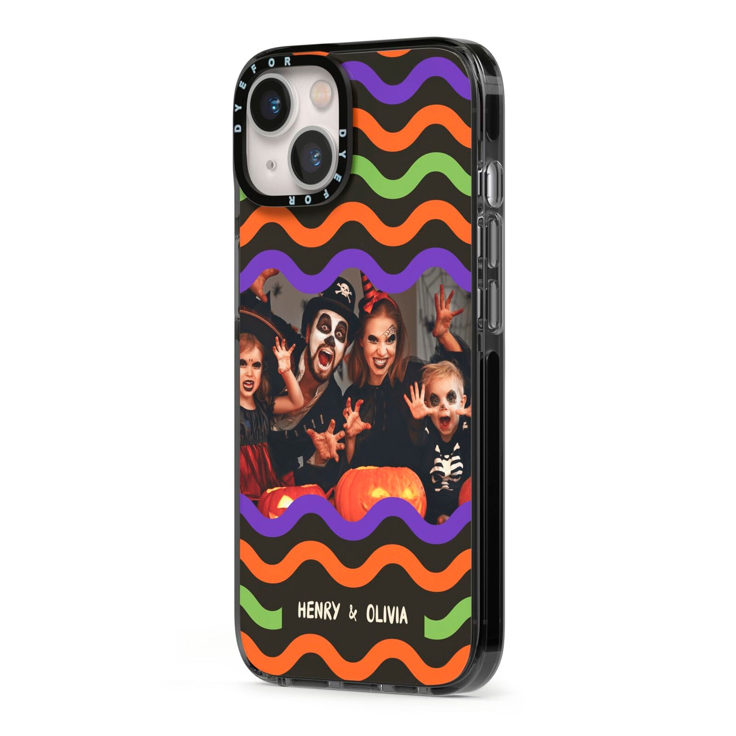 Personalised Halloween Colours Photo iPhone 13 Black Impact Case Side Angle on Silver phone