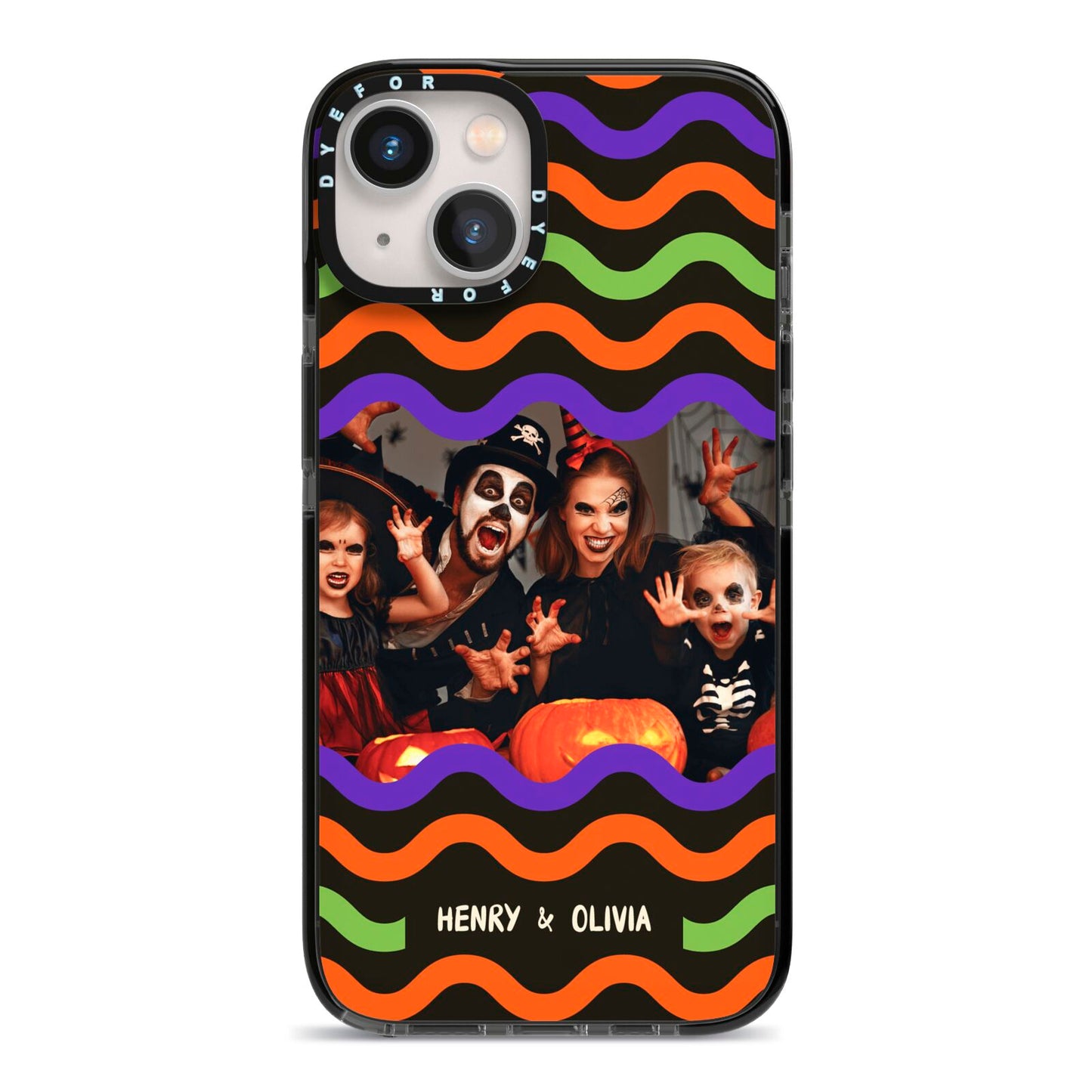 Personalised Halloween Colours Photo iPhone 13 Black Impact Case on Silver phone