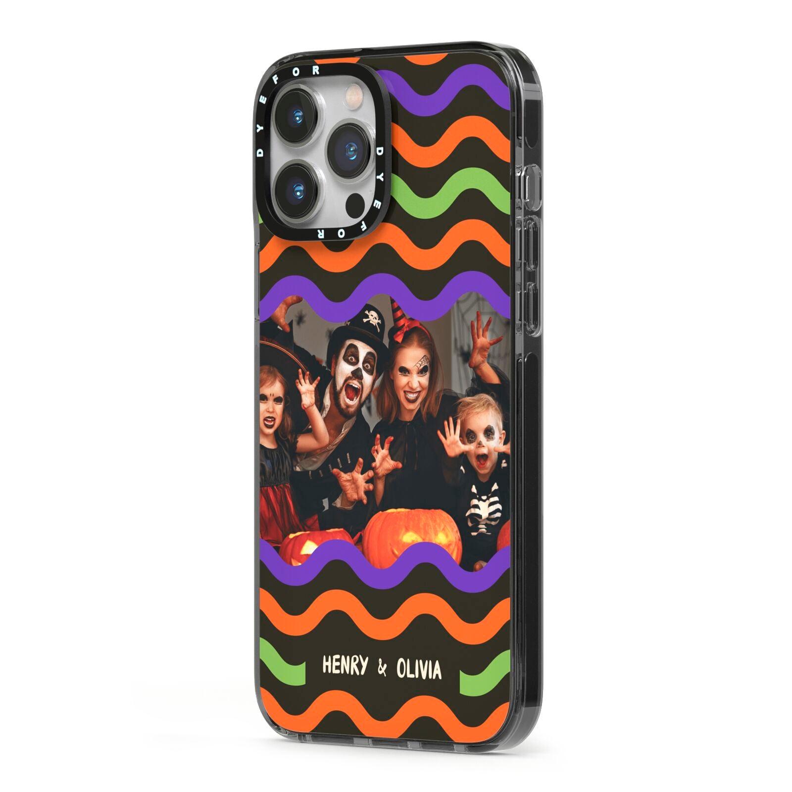 Personalised Halloween Colours Photo iPhone 13 Pro Max Black Impact Case Side Angle on Silver phone