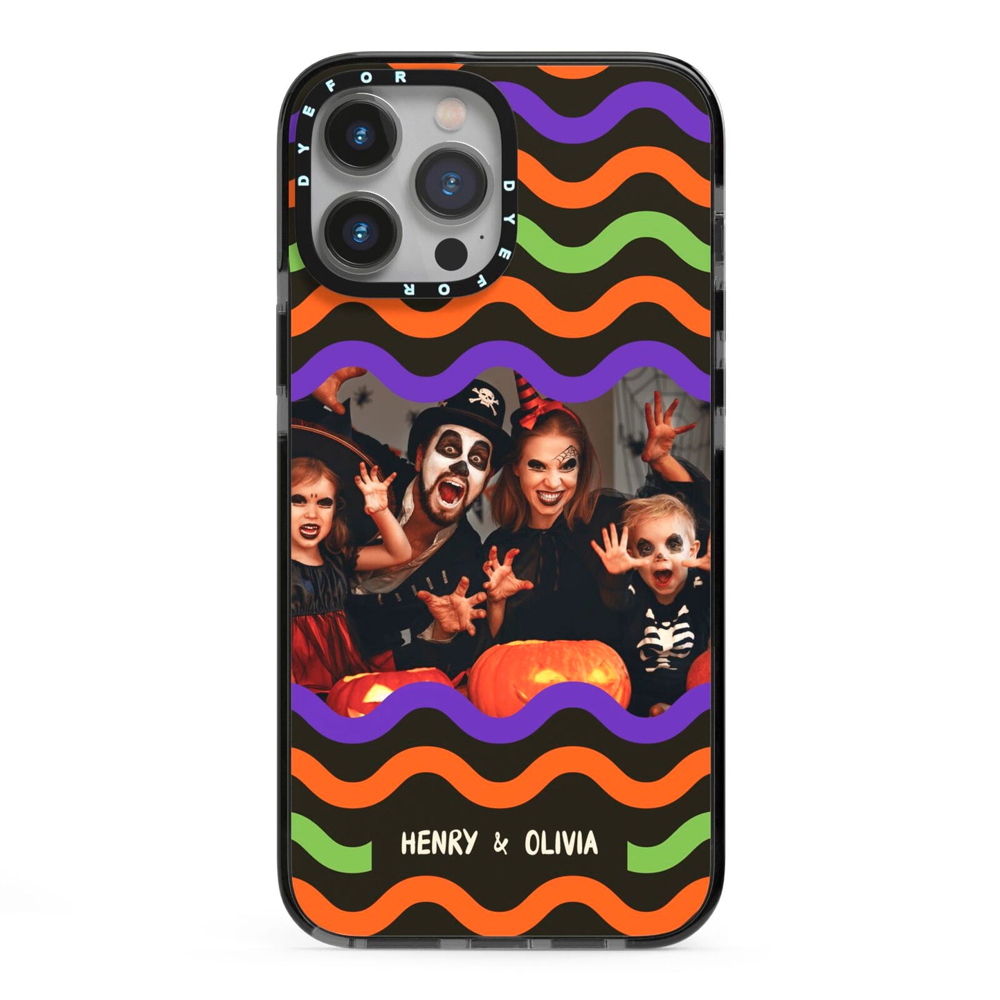 Personalised Halloween Colours Photo iPhone 13 Pro Max Black Impact Case on Silver phone