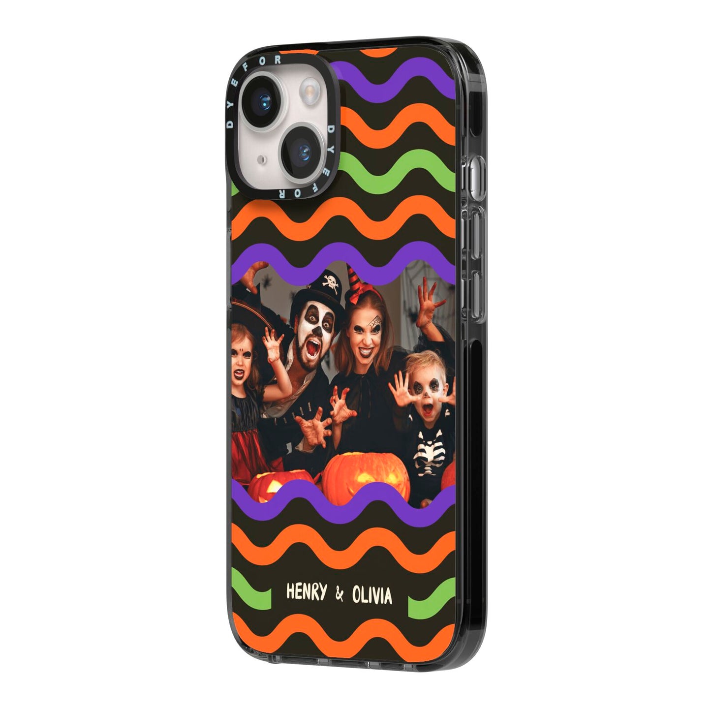 Personalised Halloween Colours Photo iPhone 14 Black Impact Case Side Angle on Silver phone
