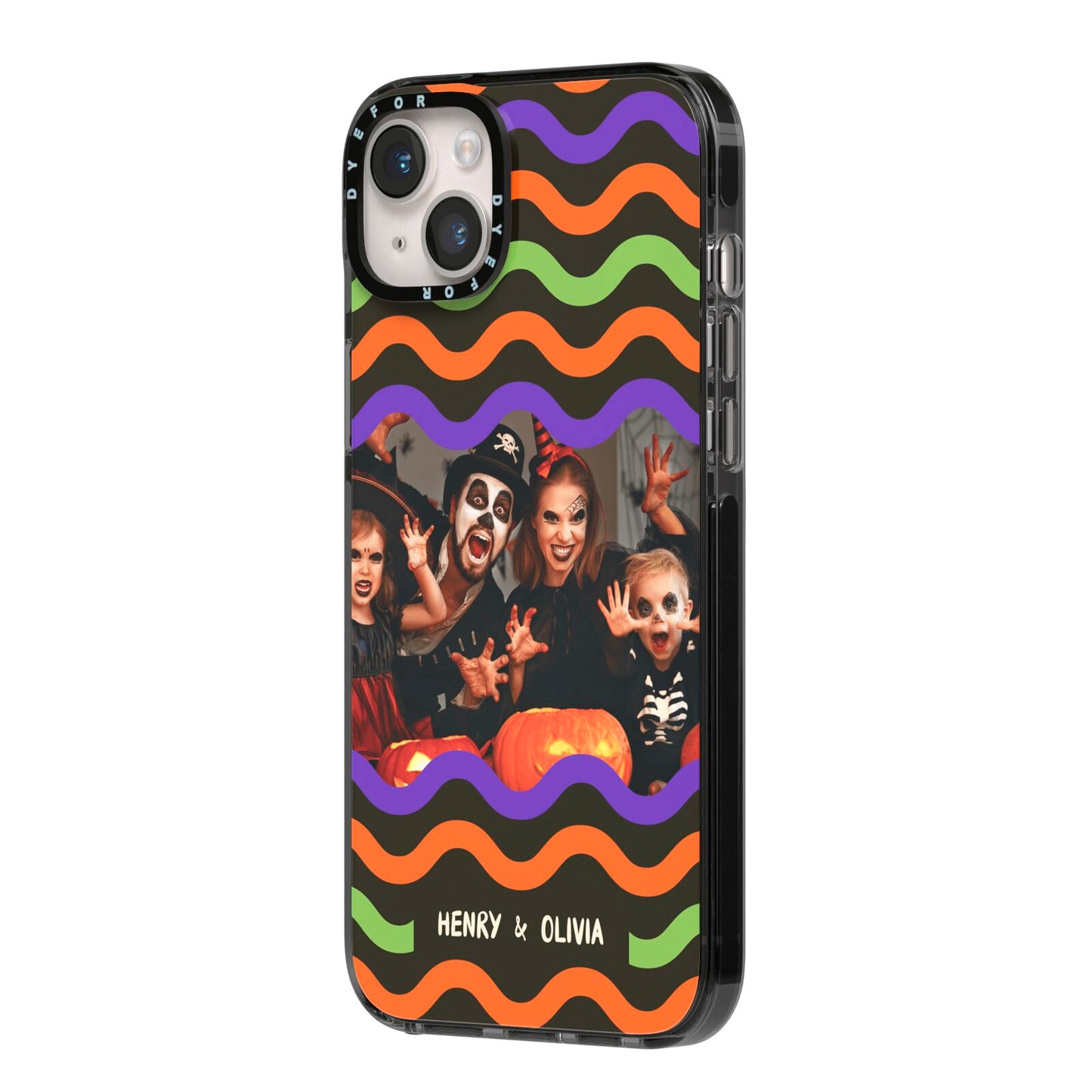 Personalised Halloween Colours Photo iPhone 14 Plus Black Impact Case Side Angle on Silver phone