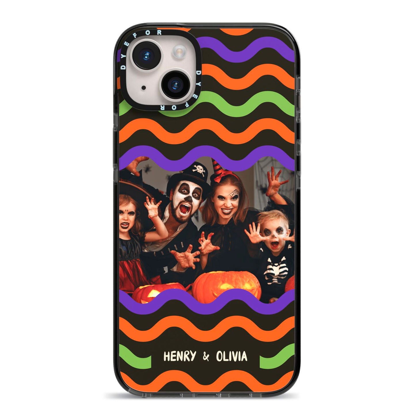 Personalised Halloween Colours Photo iPhone 14 Plus Black Impact Case on Silver phone
