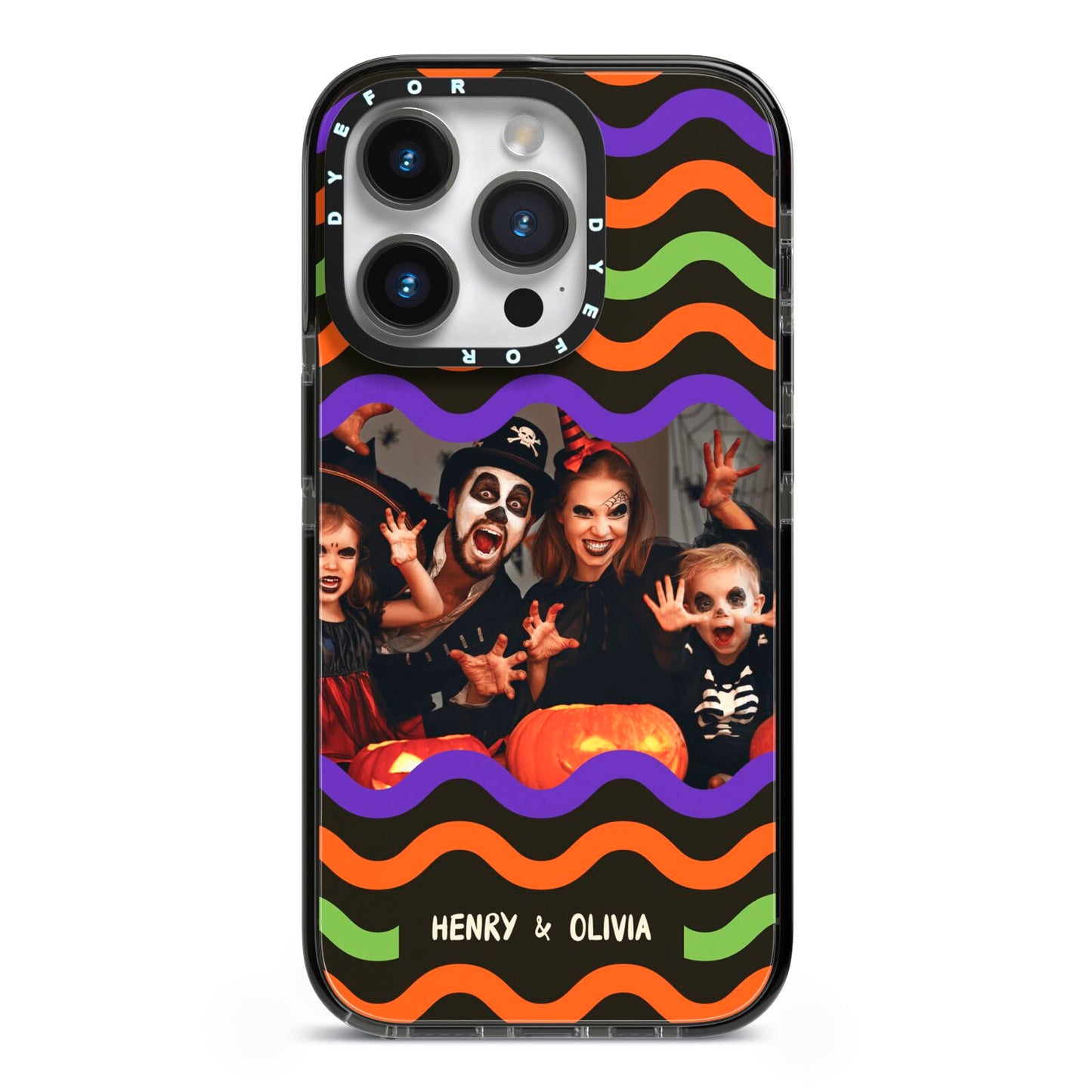 Personalised Halloween Colours Photo iPhone 14 Pro Black Impact Case on Silver phone