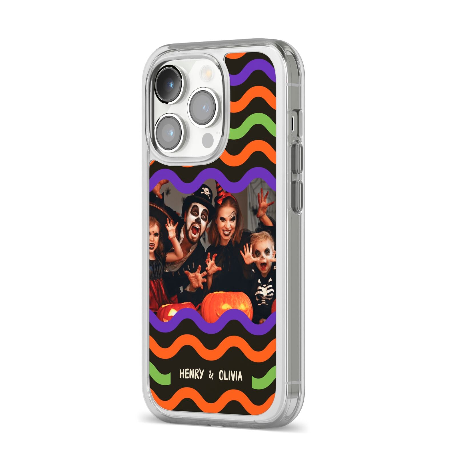 Personalised Halloween Colours Photo iPhone 14 Pro Clear Tough Case Silver Angled Image