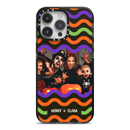 Personalised Halloween Colours Photo iPhone 14 Pro Max Black Impact Case on Silver phone