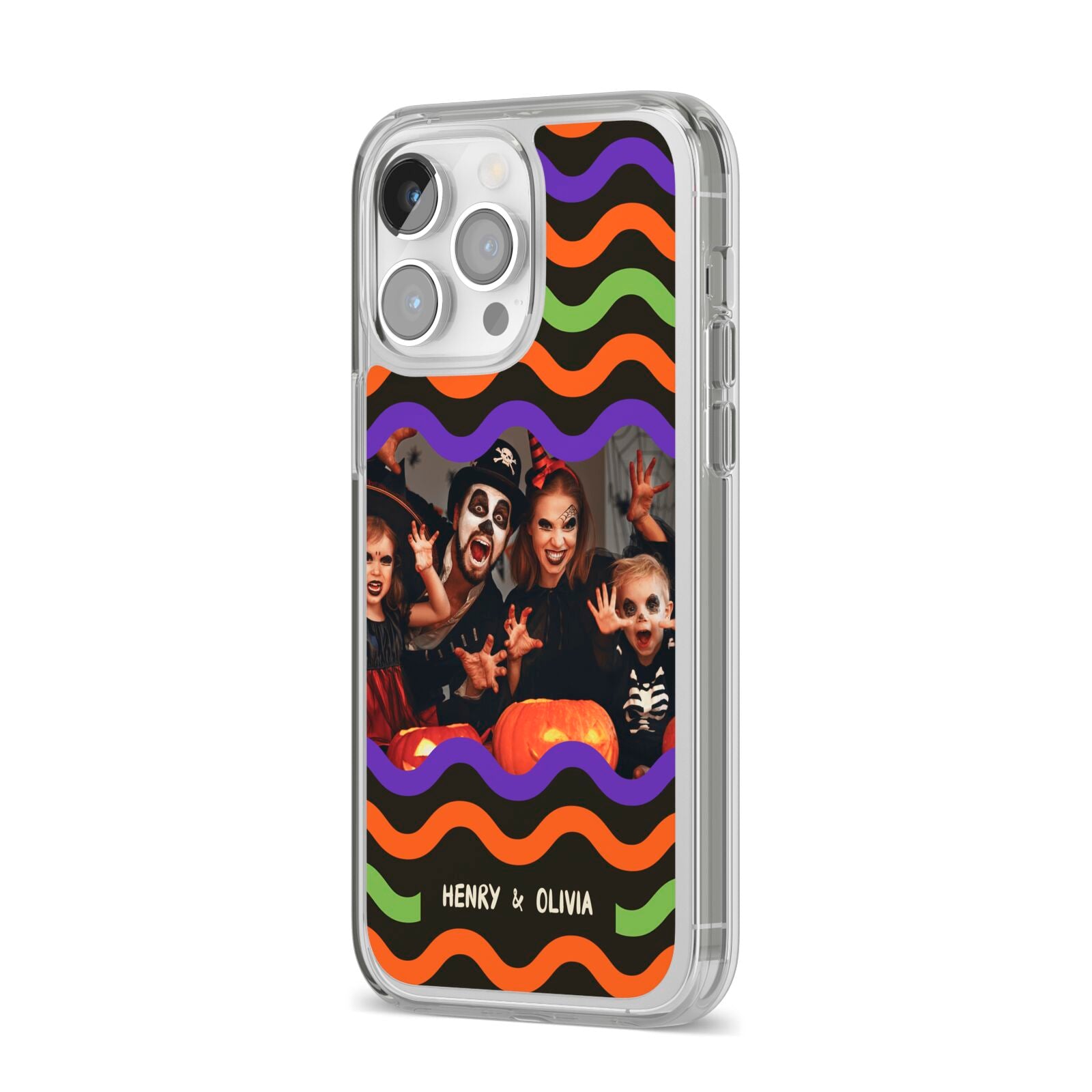 Personalised Halloween Colours Photo iPhone 14 Pro Max Clear Tough Case Silver Angled Image