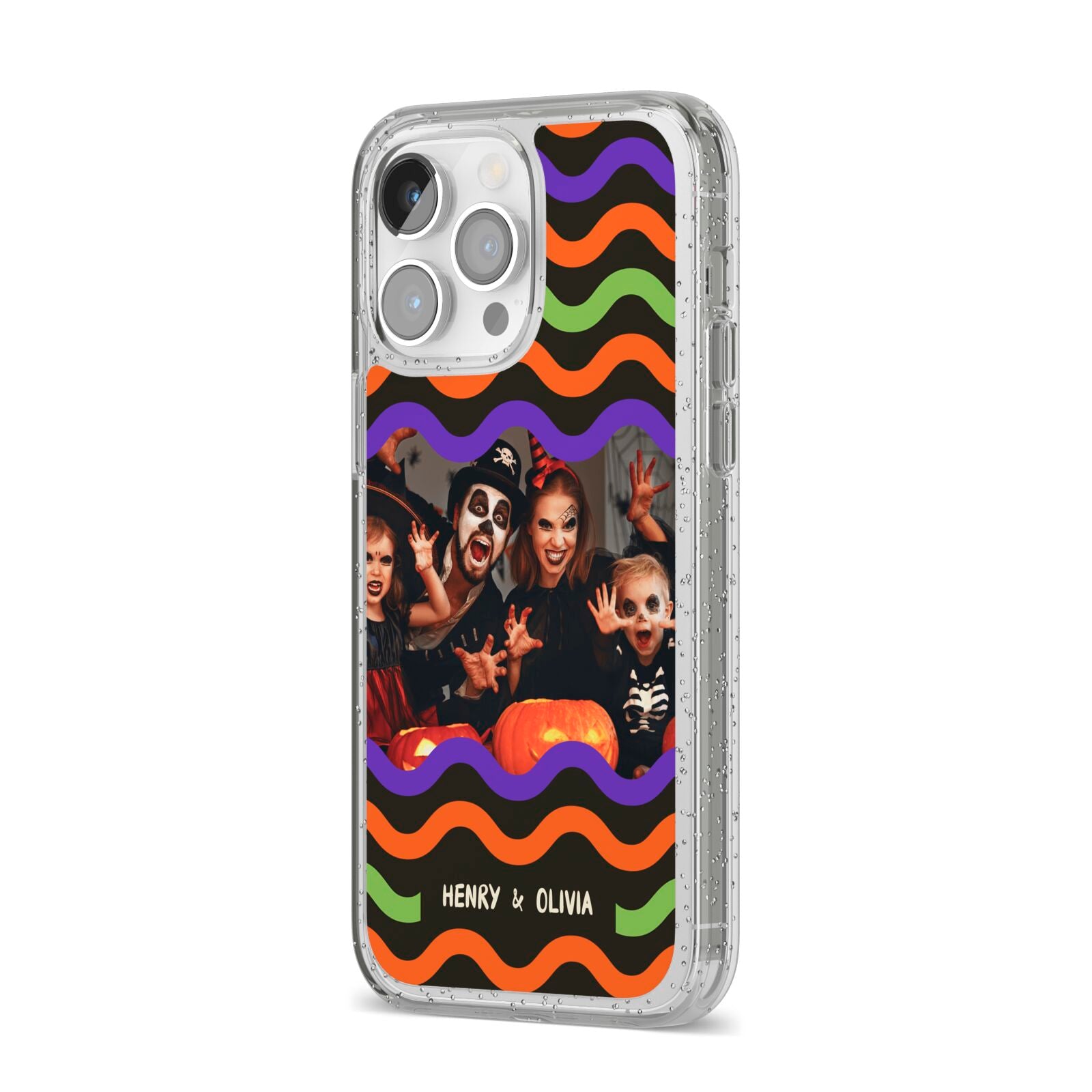 Personalised Halloween Colours Photo iPhone 14 Pro Max Glitter Tough Case Silver Angled Image
