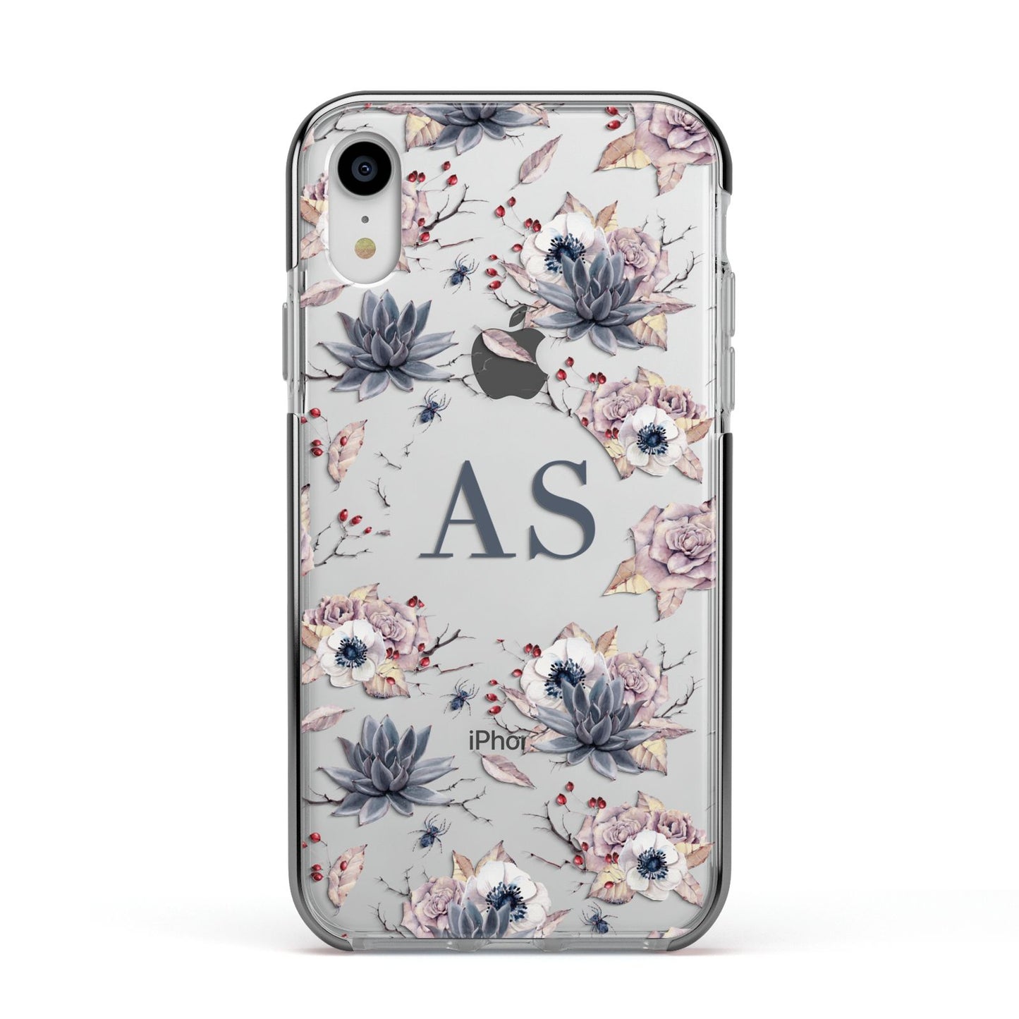 Personalised Halloween Floral Apple iPhone XR Impact Case Black Edge on Silver Phone