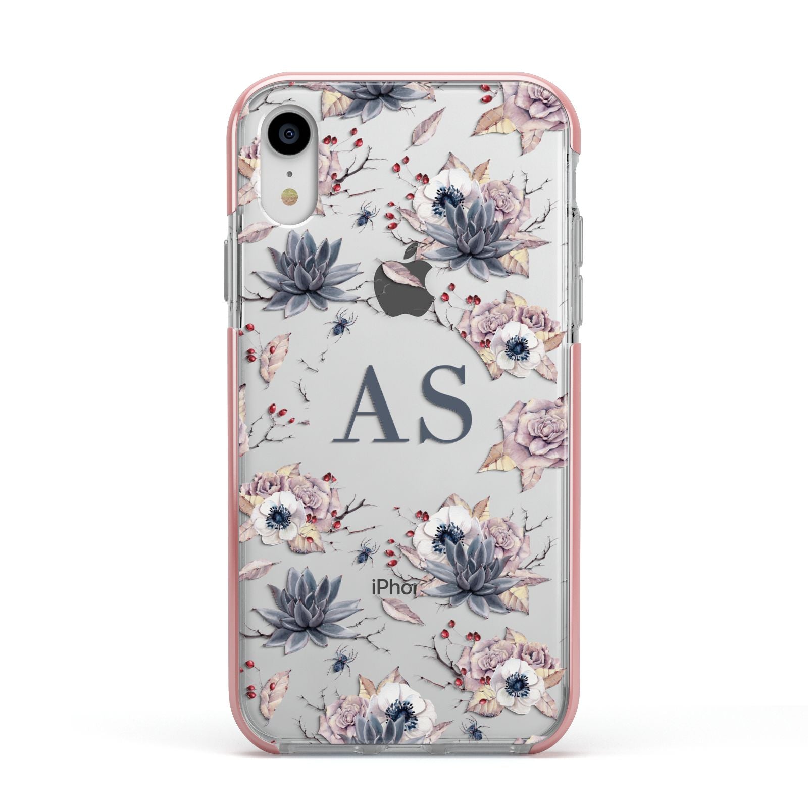 Personalised Halloween Floral Apple iPhone XR Impact Case Pink Edge on Silver Phone