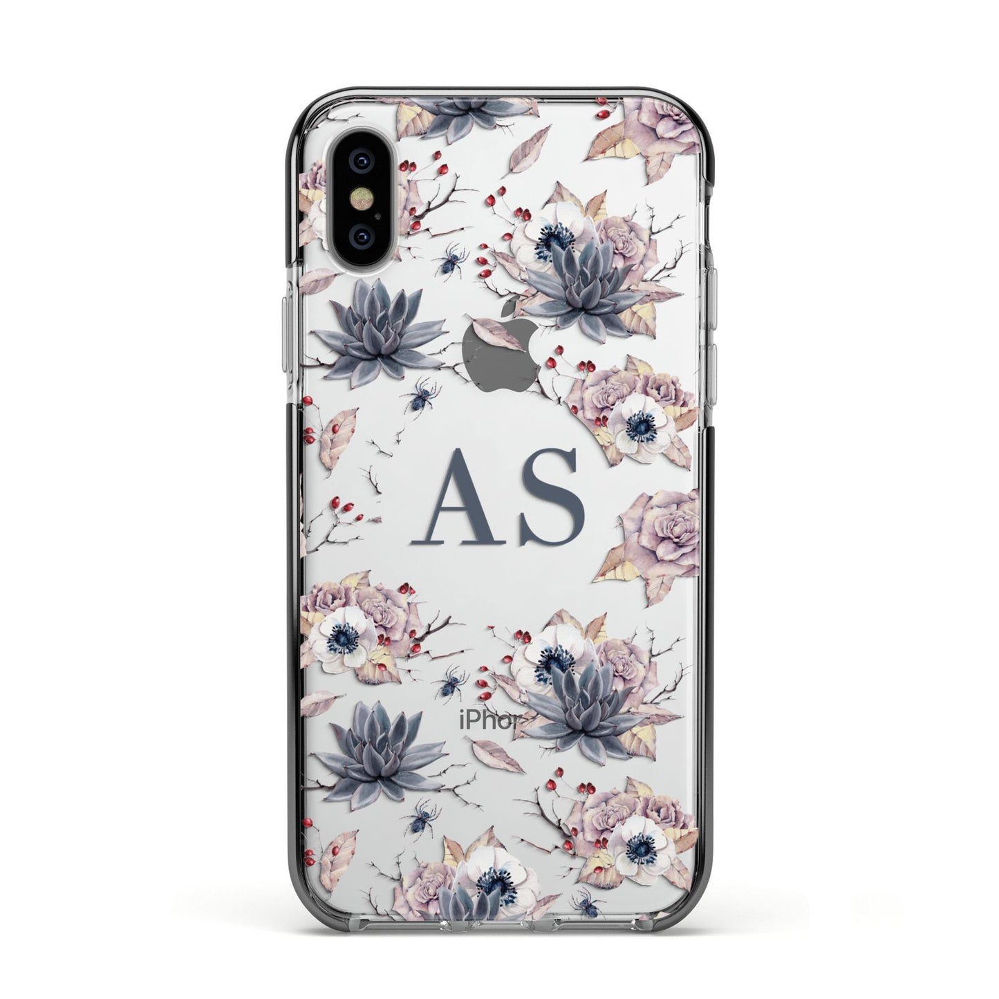 Personalised Halloween Floral Apple iPhone Xs Impact Case Black Edge on Silver Phone