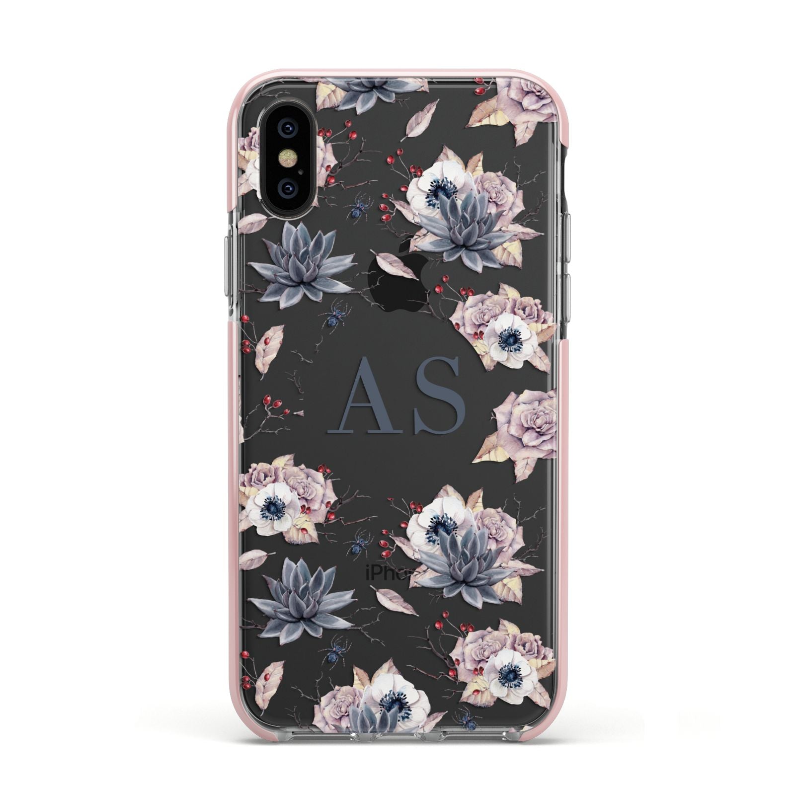 Personalised Halloween Floral Apple iPhone Xs Impact Case Pink Edge on Black Phone