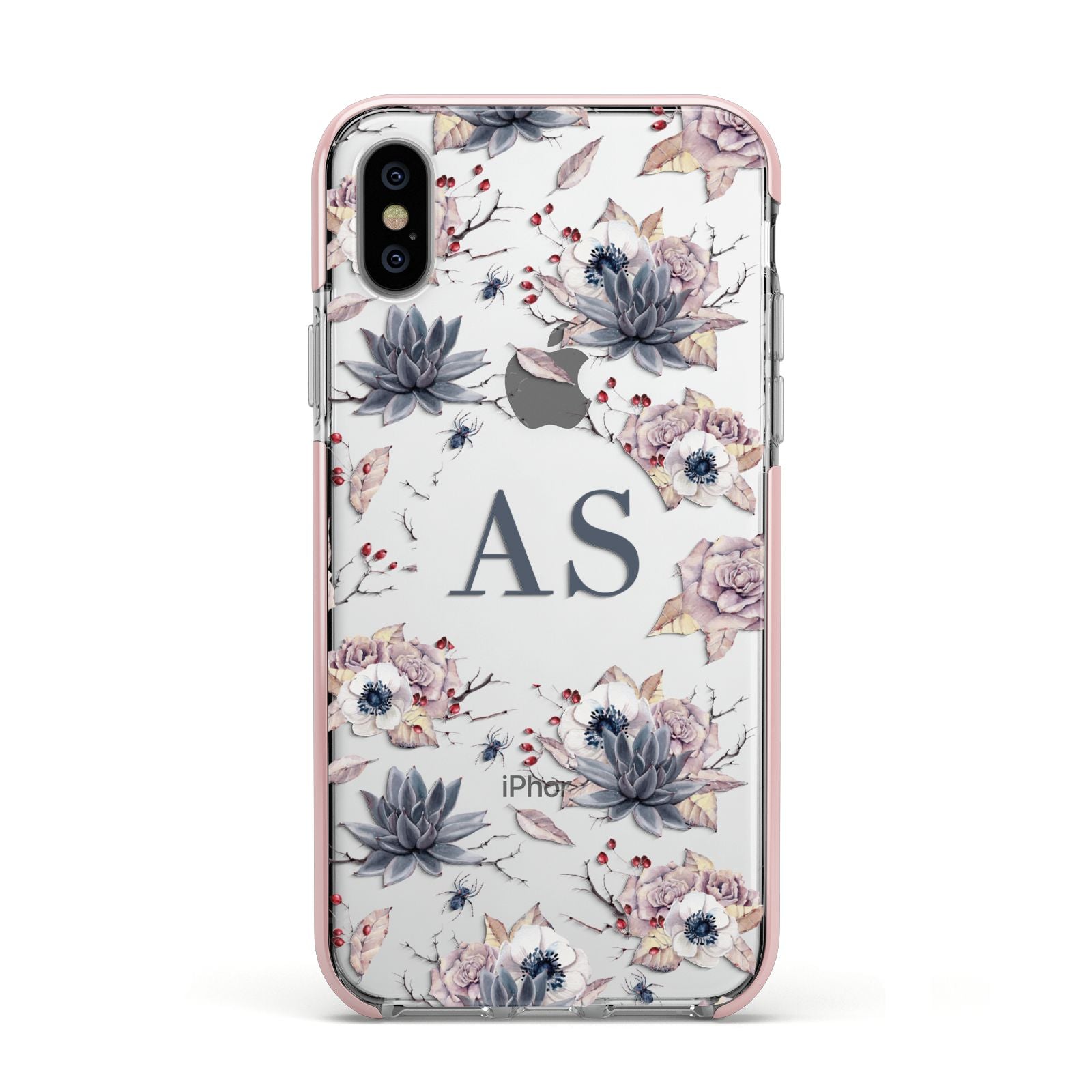 Personalised Halloween Floral Apple iPhone Xs Impact Case Pink Edge on Silver Phone