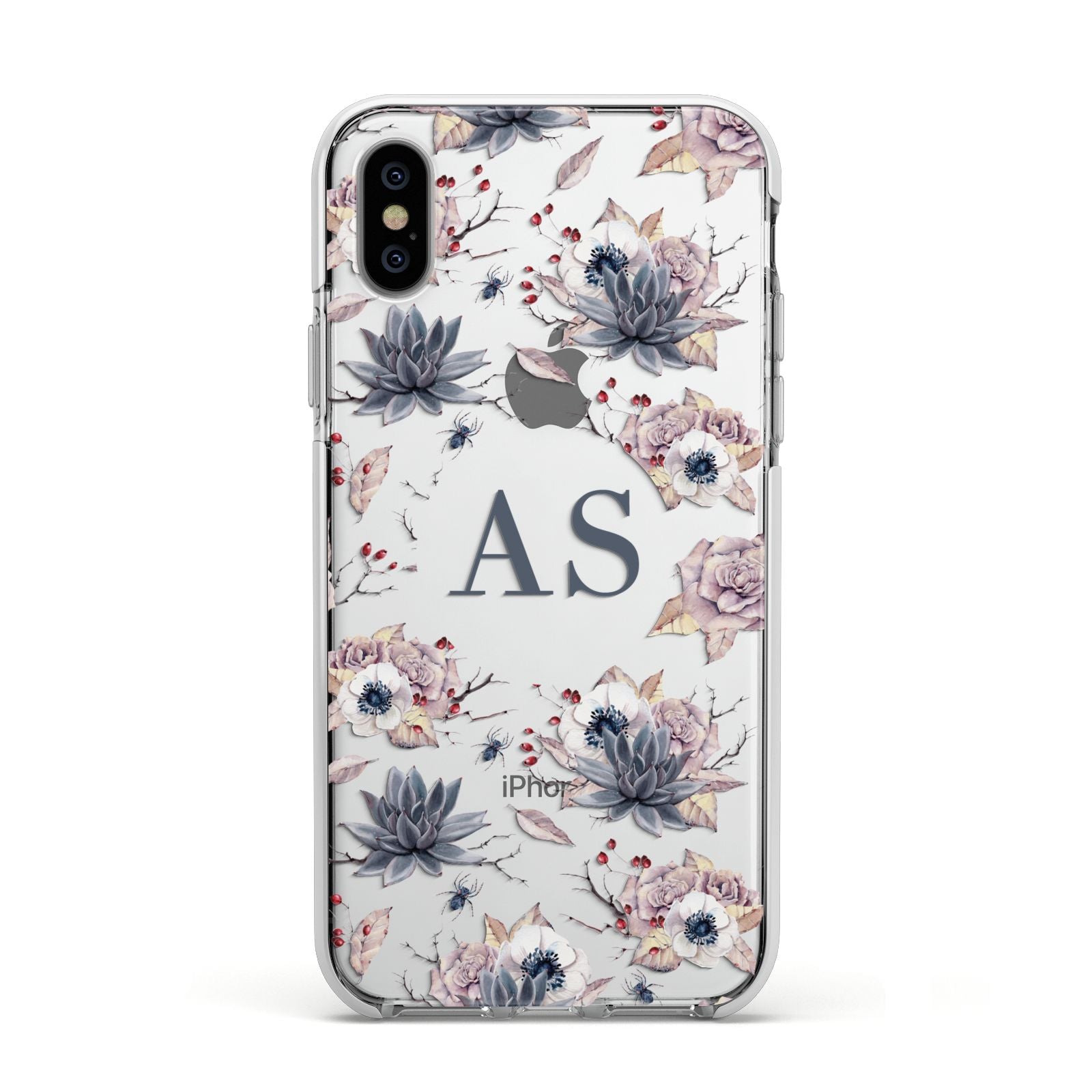 Personalised Halloween Floral Apple iPhone Xs Impact Case White Edge on Silver Phone
