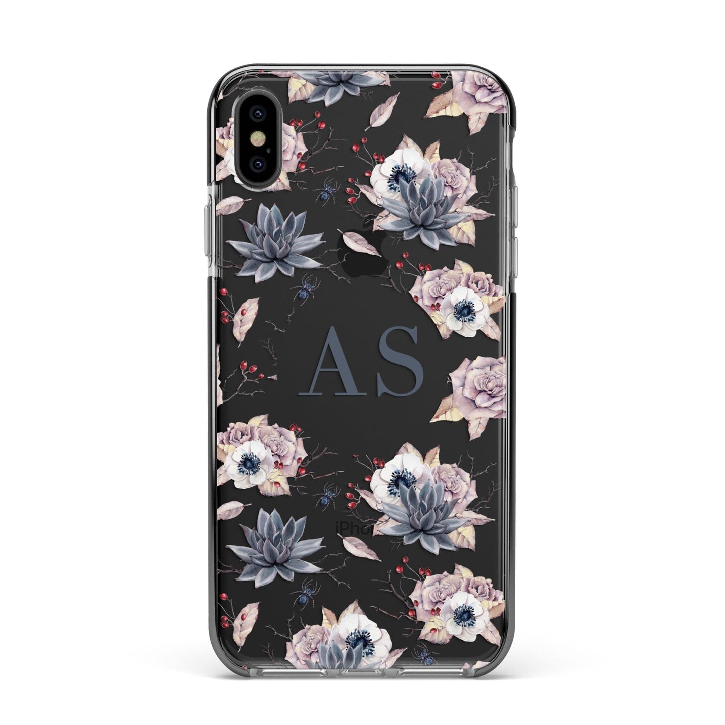 Personalised Halloween Floral Apple iPhone Xs Max Impact Case Black Edge on Black Phone