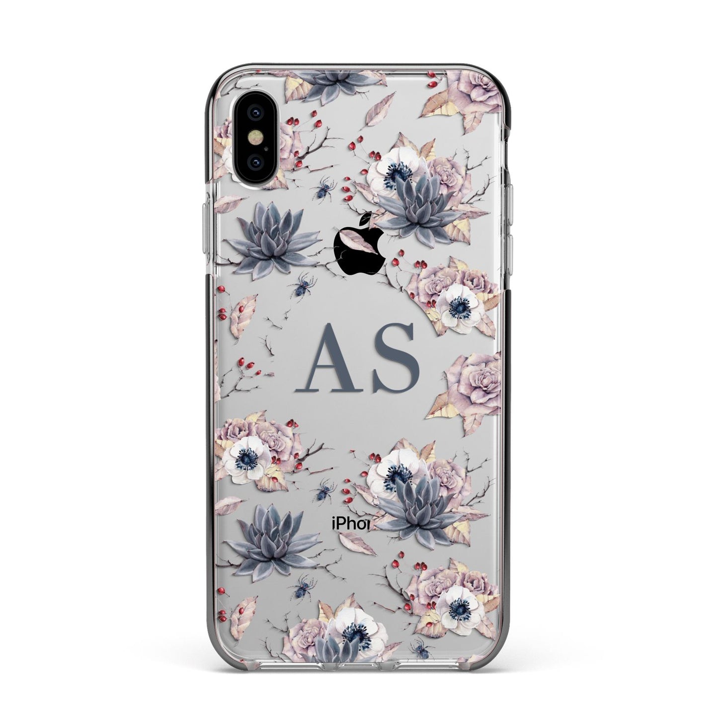 Personalised Halloween Floral Apple iPhone Xs Max Impact Case Black Edge on Silver Phone