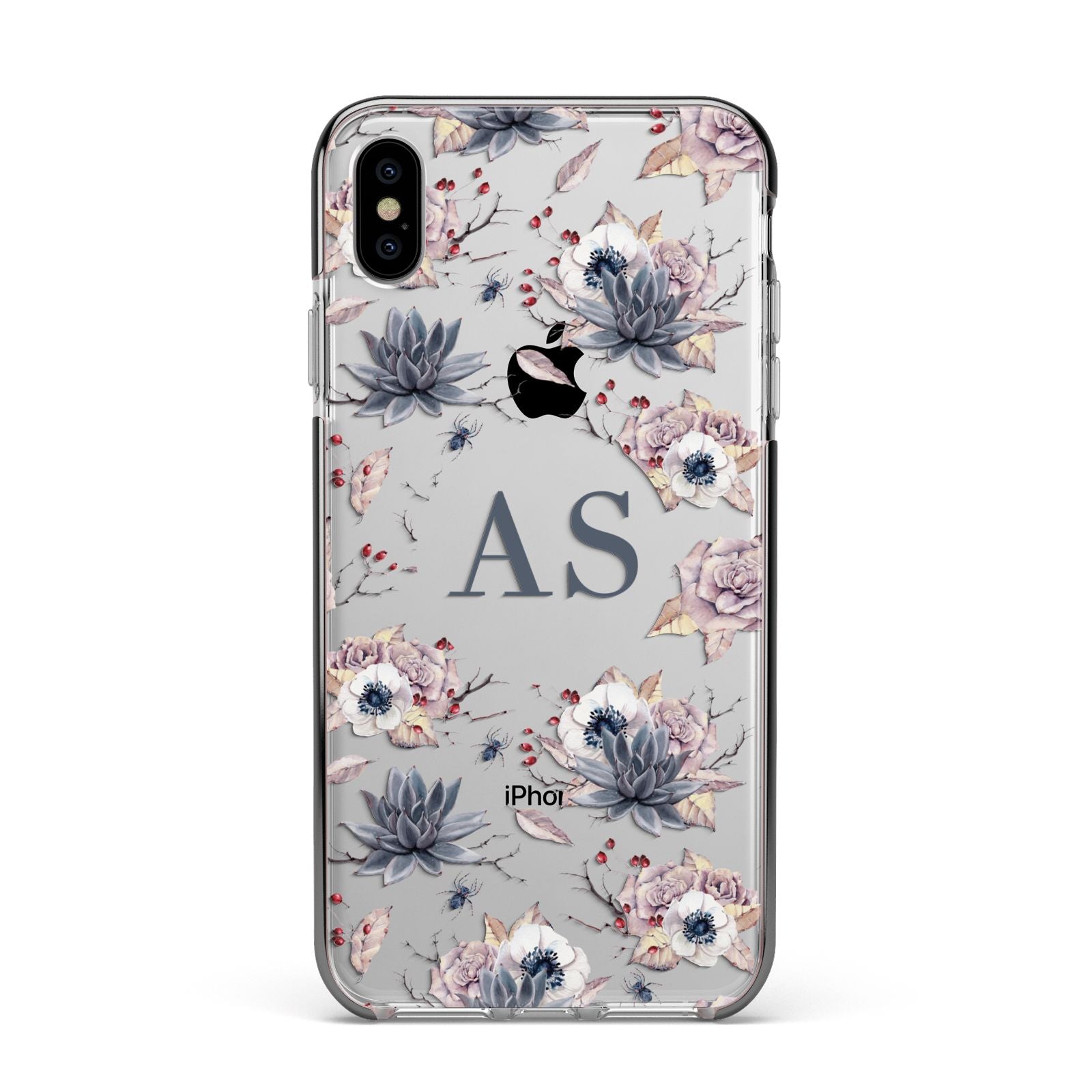 Personalised Halloween Floral Apple iPhone Xs Max Impact Case Black Edge on Silver Phone