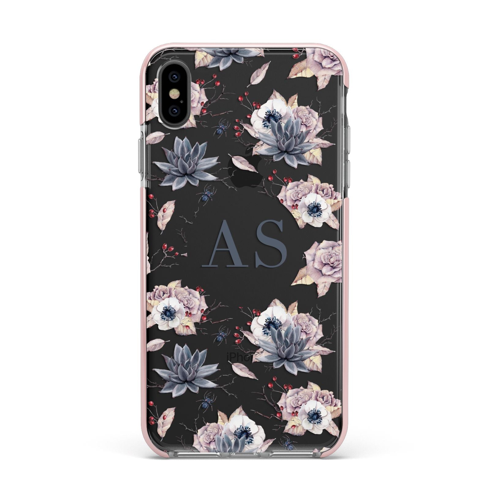 Personalised Halloween Floral Apple iPhone Xs Max Impact Case Pink Edge on Black Phone