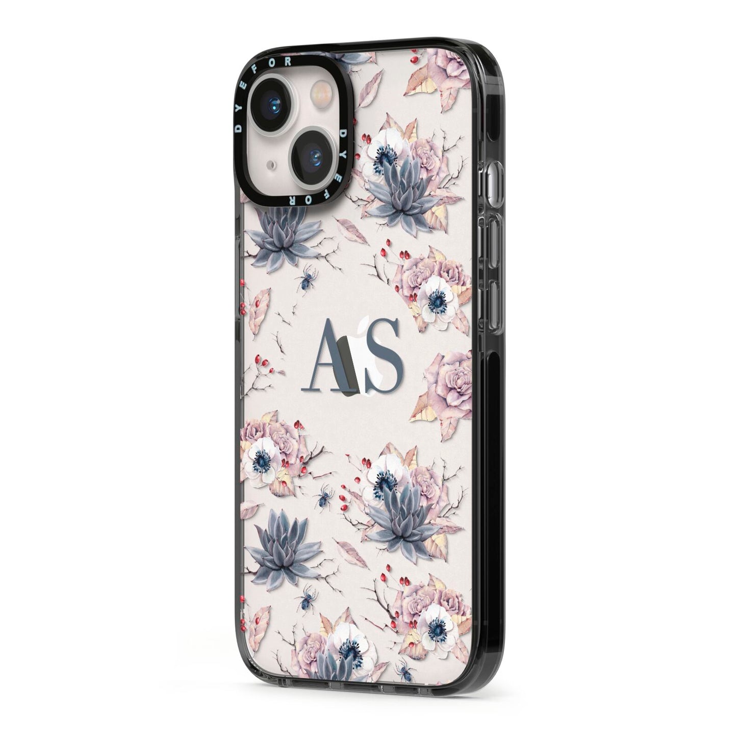 Personalised Halloween Floral iPhone 13 Black Impact Case Side Angle on Silver phone