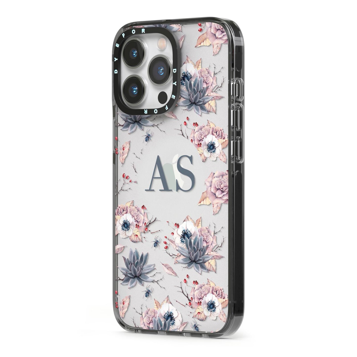 Personalised Halloween Floral iPhone 13 Pro Black Impact Case Side Angle on Silver phone
