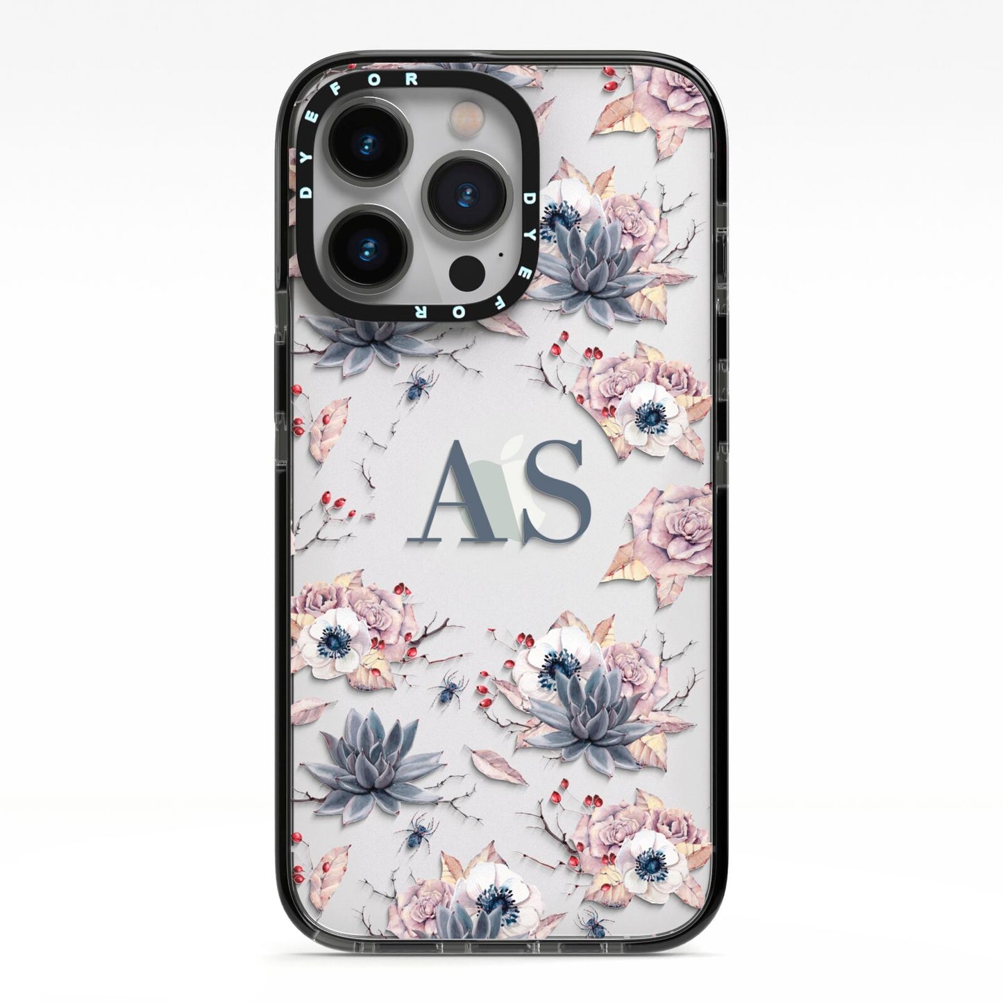 Personalised Halloween Floral iPhone 13 Pro Black Impact Case on Silver phone