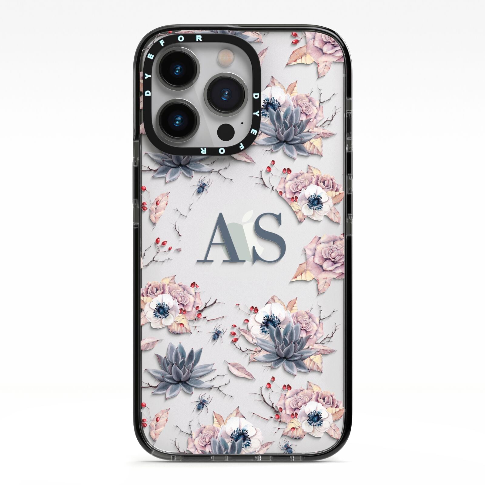 Personalised Halloween Floral iPhone 13 Pro Black Impact Case on Silver phone