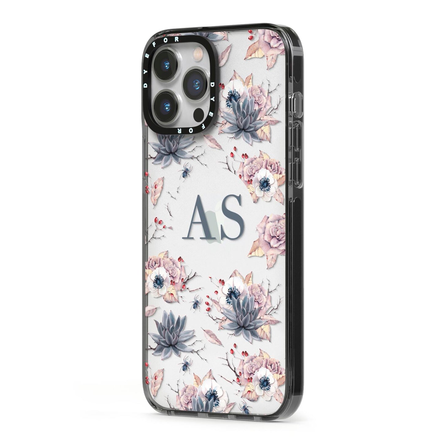 Personalised Halloween Floral iPhone 13 Pro Max Black Impact Case Side Angle on Silver phone