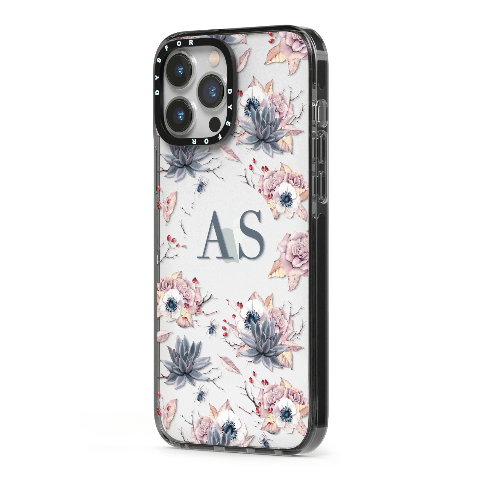 Personalised Halloween Floral iPhone 13 Pro Max Black Impact Case Side Angle on Silver phone