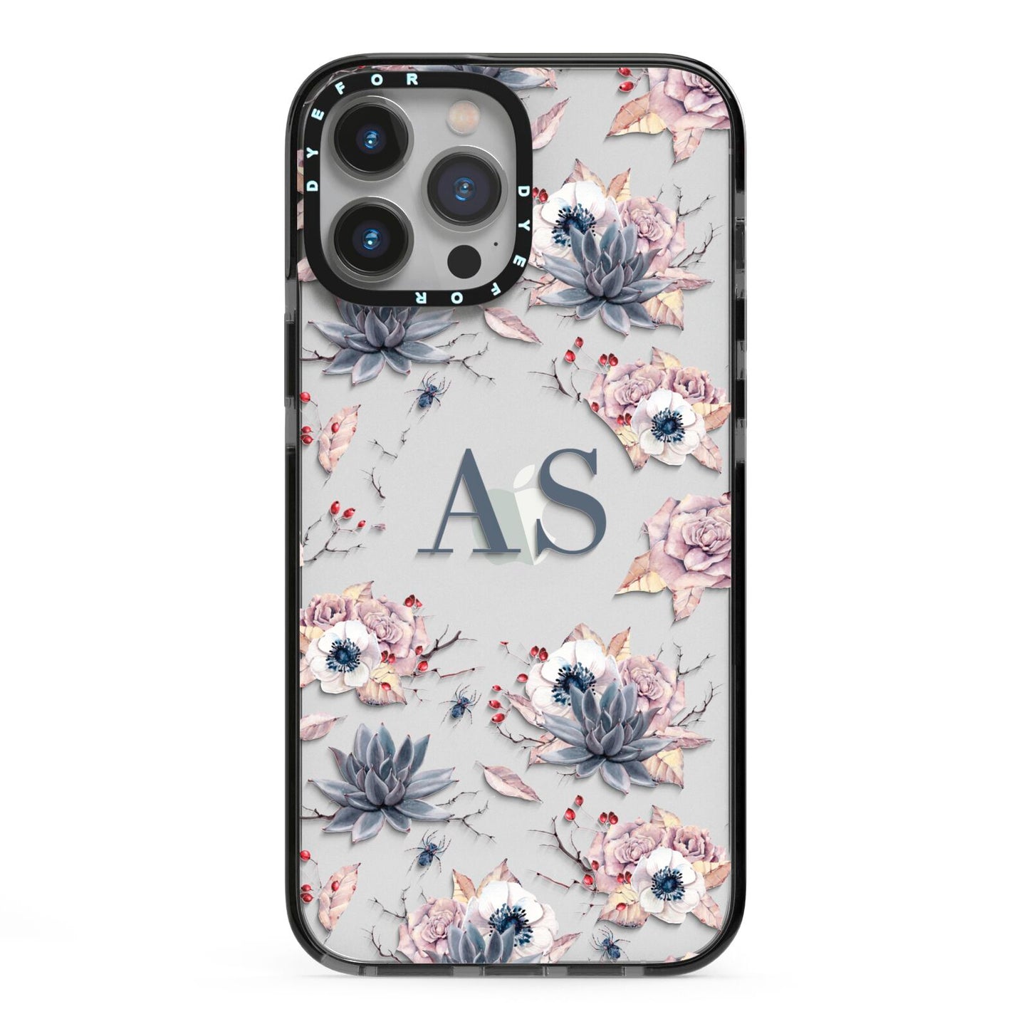 Personalised Halloween Floral iPhone 13 Pro Max Black Impact Case on Silver phone