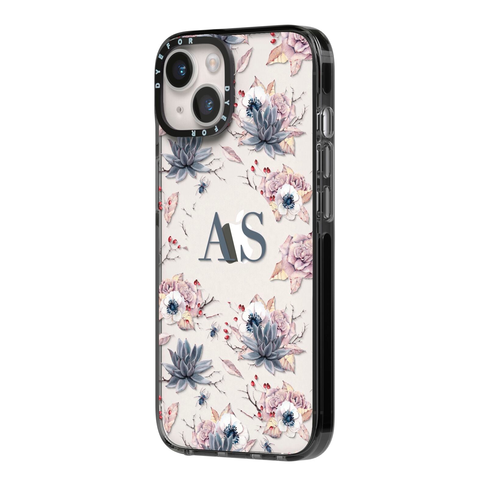 Personalised Halloween Floral iPhone 14 Black Impact Case Side Angle on Silver phone