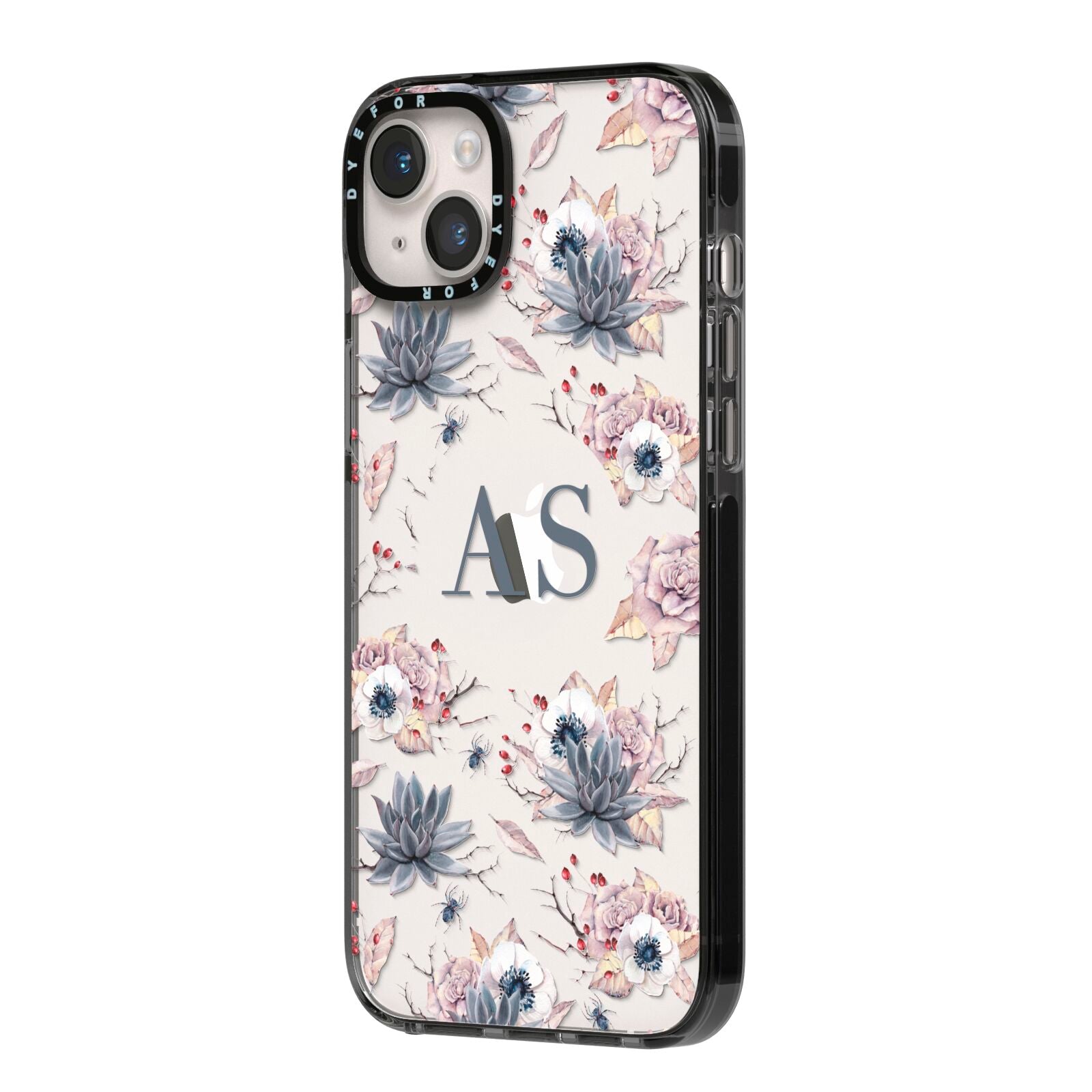 Personalised Halloween Floral iPhone 14 Plus Black Impact Case Side Angle on Silver phone