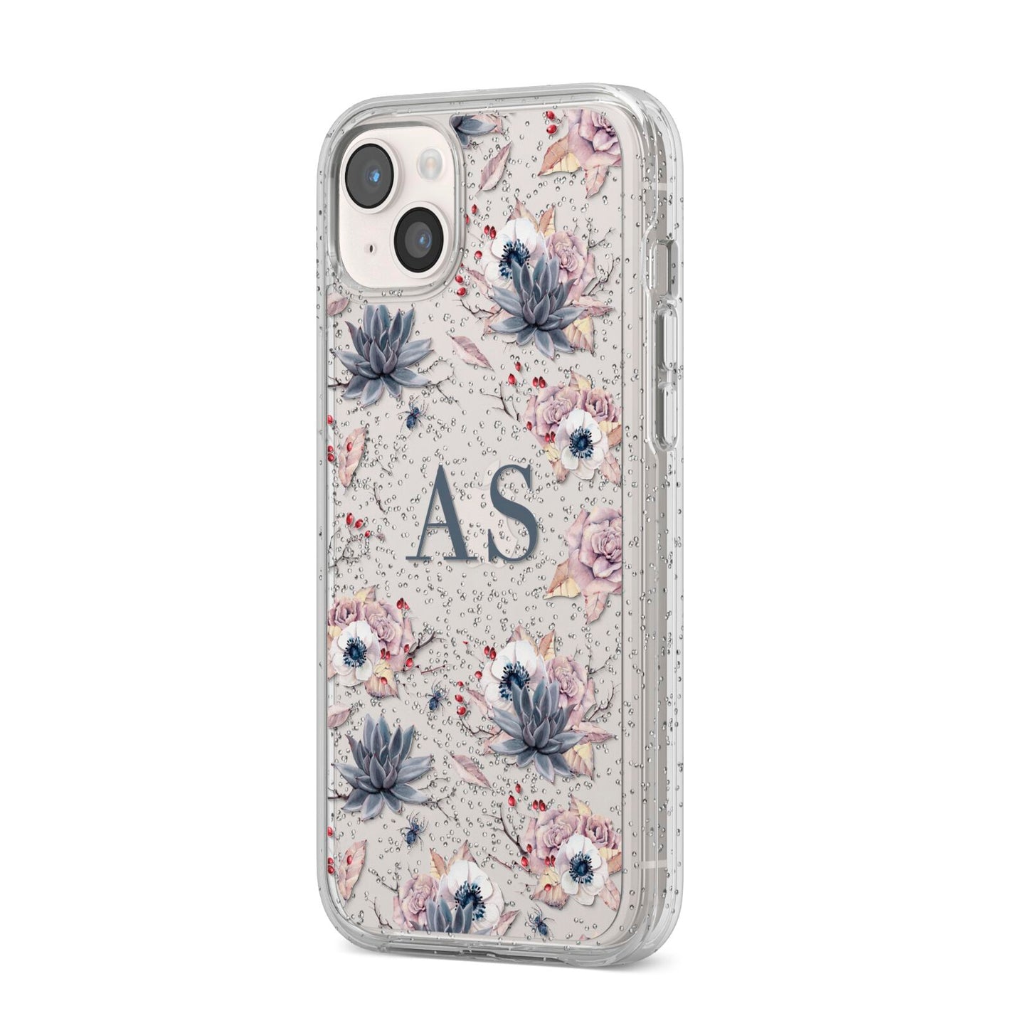 Personalised Halloween Floral iPhone 14 Plus Glitter Tough Case Starlight Angled Image