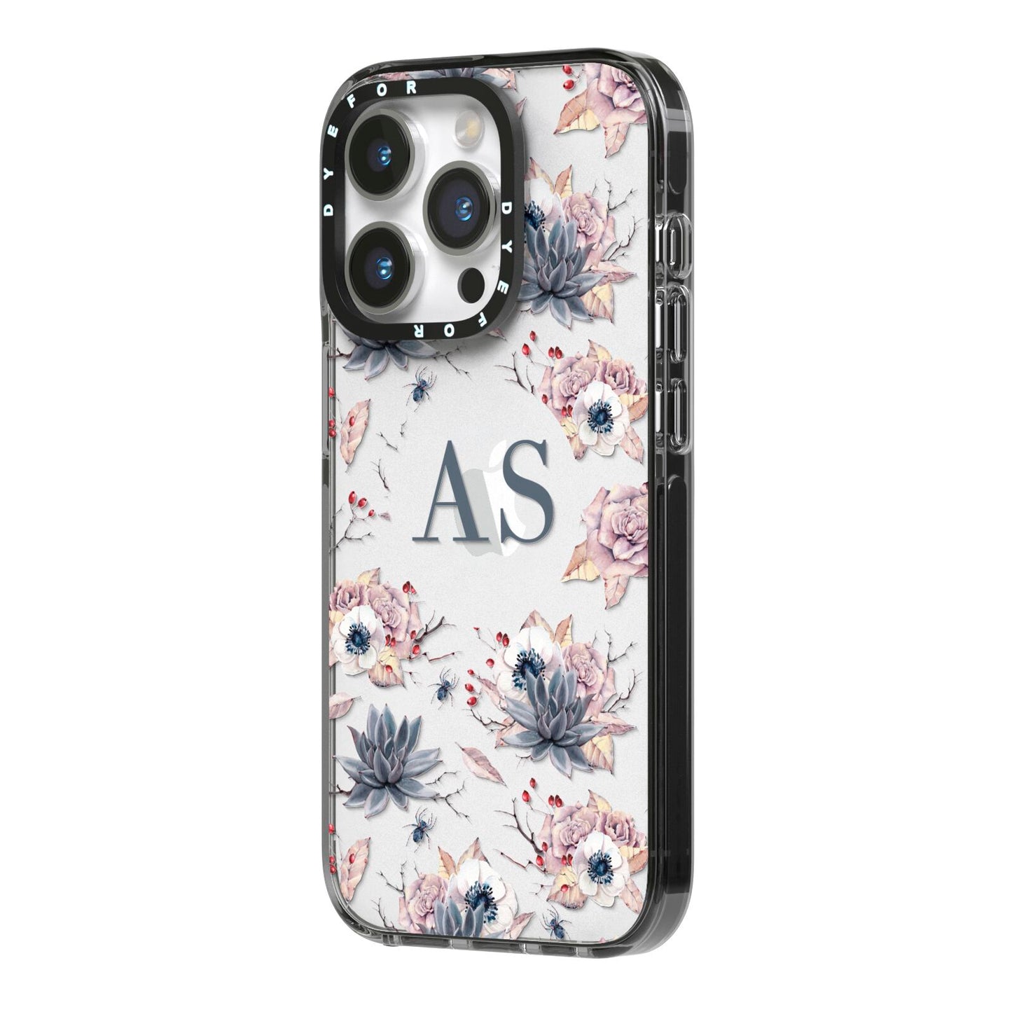 Personalised Halloween Floral iPhone 14 Pro Black Impact Case Side Angle on Silver phone