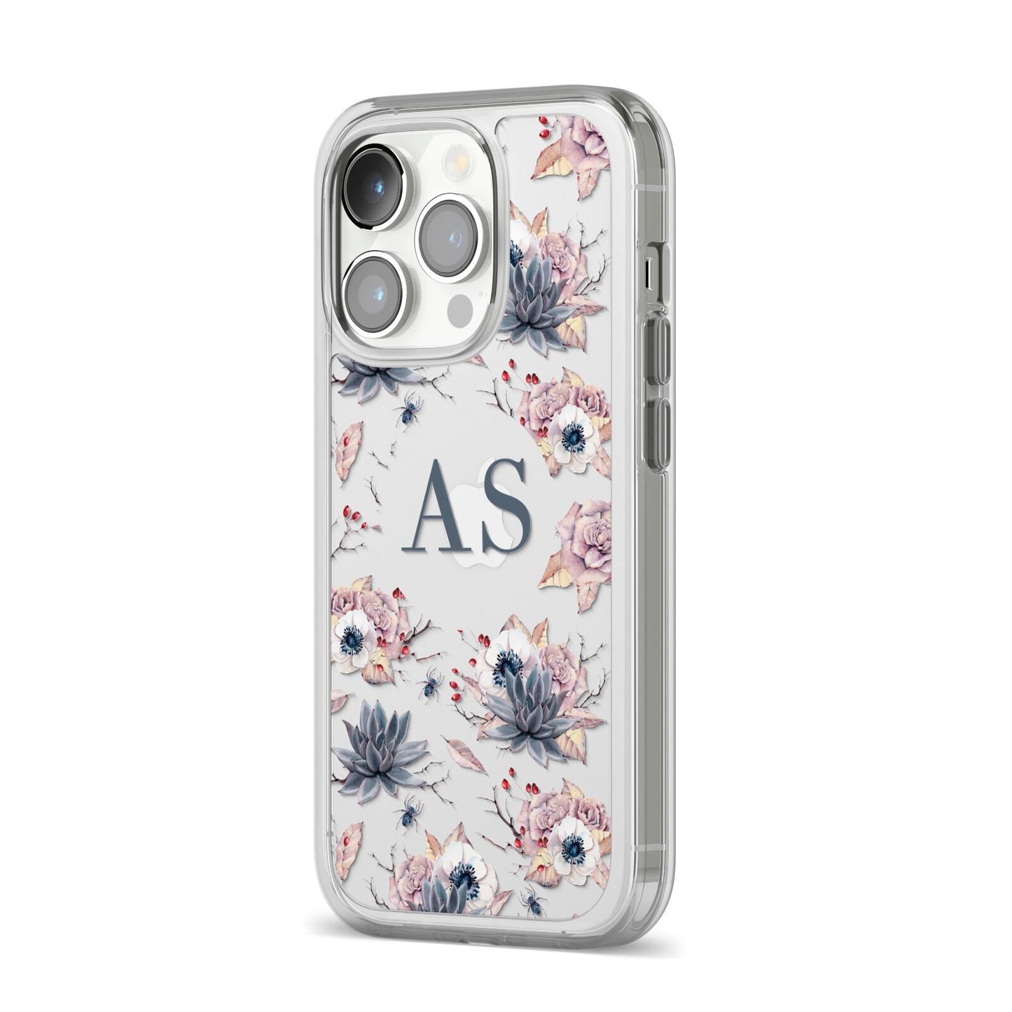 Personalised Halloween Floral iPhone 14 Pro Clear Tough Case Silver Angled Image