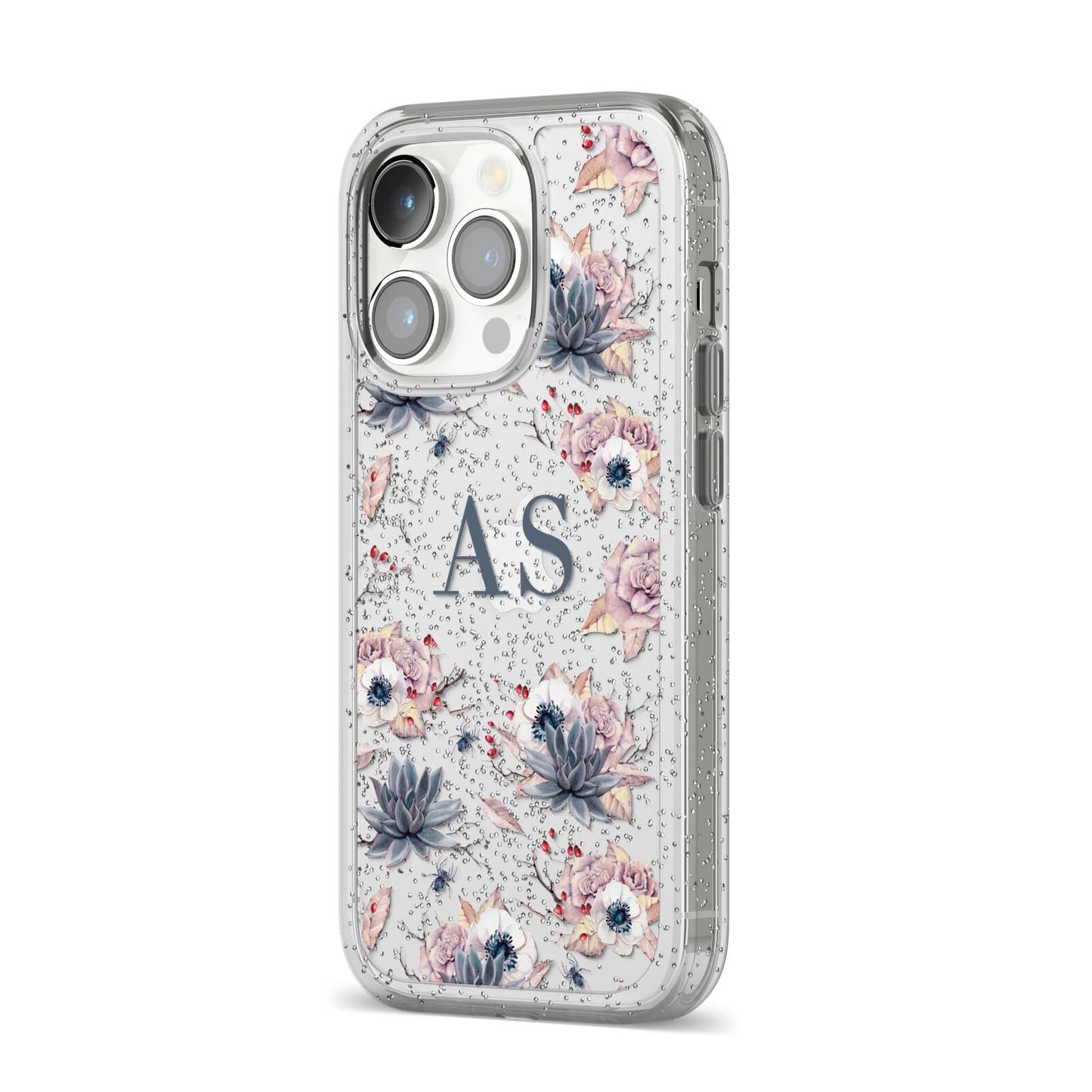 Personalised Halloween Floral iPhone 14 Pro Glitter Tough Case Silver Angled Image
