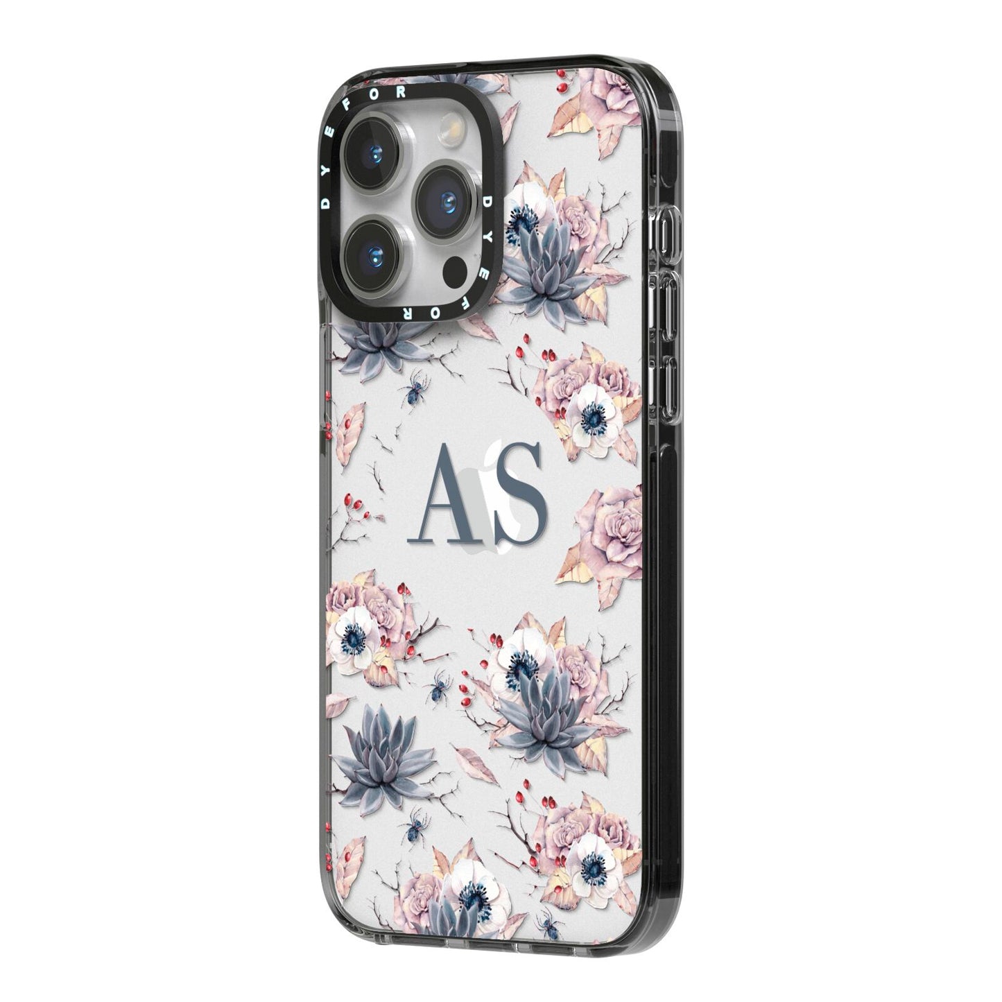 Personalised Halloween Floral iPhone 14 Pro Max Black Impact Case Side Angle on Silver phone