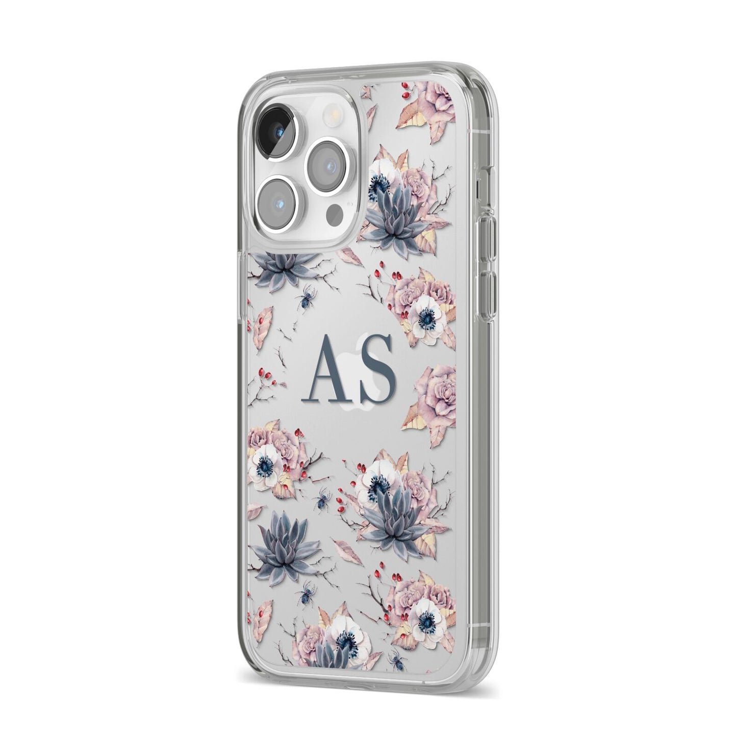 Personalised Halloween Floral iPhone 14 Pro Max Clear Tough Case Silver Angled Image